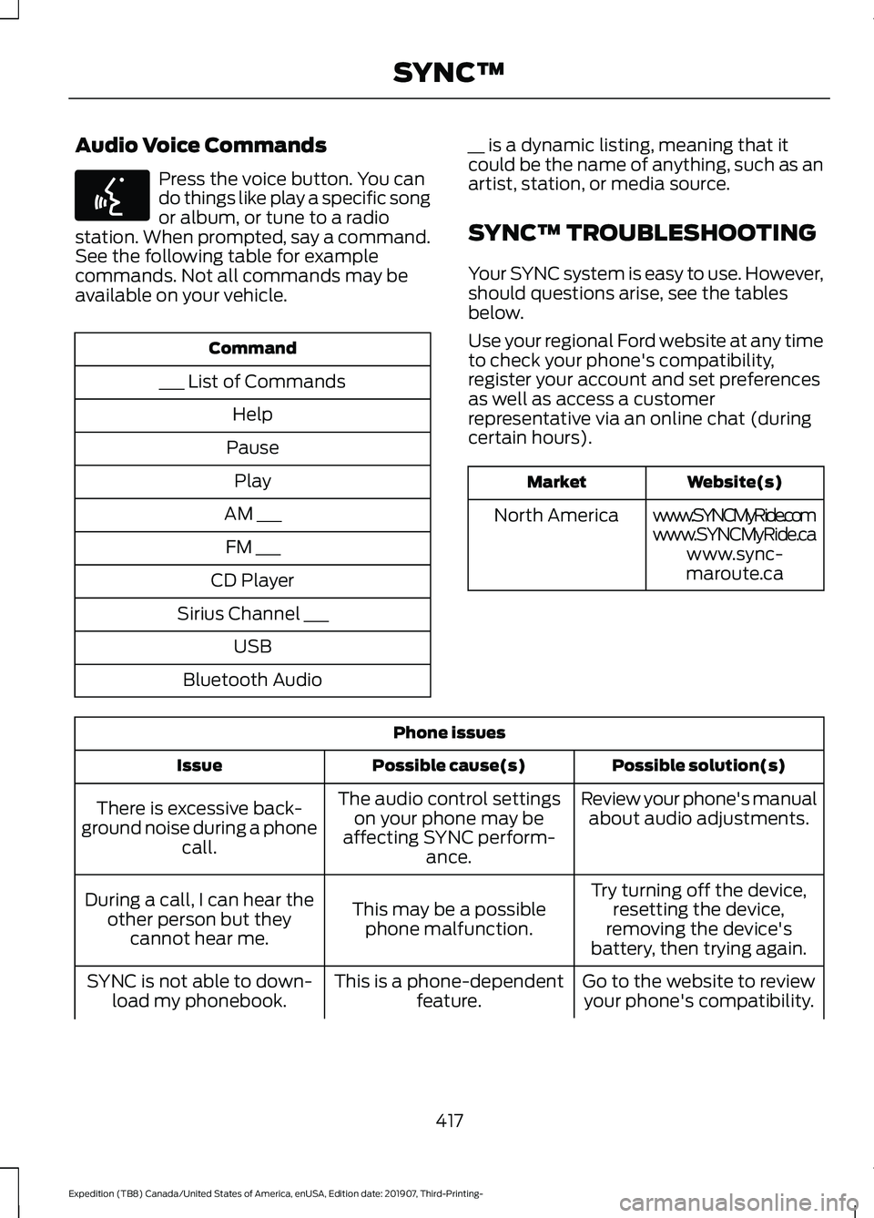 FORD EXPEDITION 2020  Owners Manual Audio Voice Commands
Press the voice button. You can
do things like play a specific song
or album, or tune to a radio
station. When prompted, say a command.
See the following table for example
command