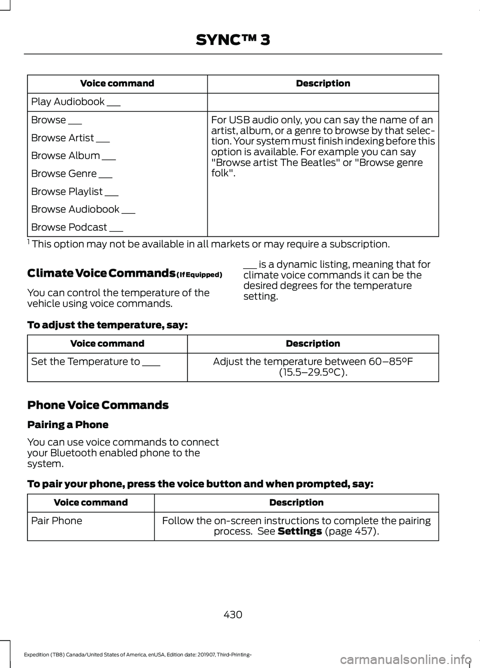 FORD EXPEDITION 2020  Owners Manual Description
Voice command
Play Audiobook ___ For USB audio only, you can say the name of an
artist, album, or a genre to browse by that selec-
tion. Your system must finish indexing before this
option
