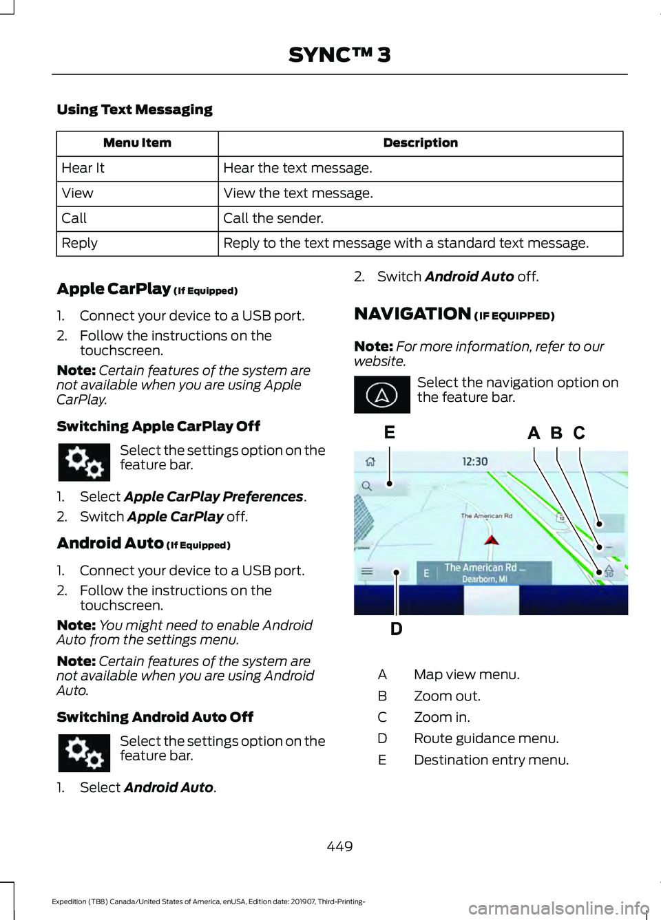 FORD EXPEDITION 2020  Owners Manual Using Text Messaging
Description
Menu Item
Hear the text message.
Hear It
View the text message.
View
Call the sender.
Call
Reply to the text message with a standard text message.
Reply
Apple CarPlay 