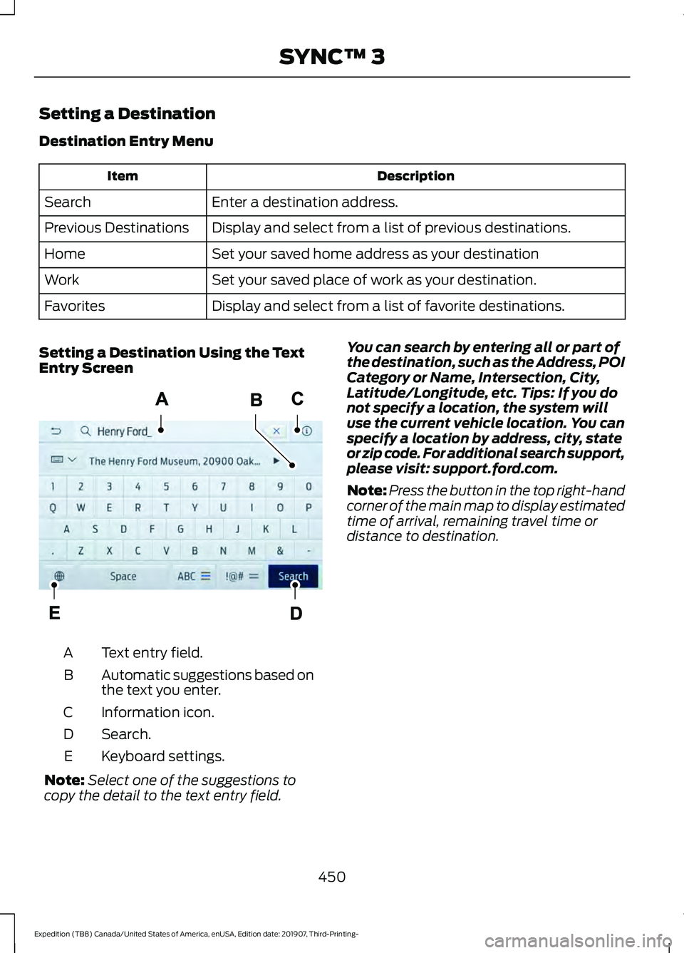 FORD EXPEDITION 2020  Owners Manual Setting a Destination
Destination Entry Menu
Description
Item
Enter a destination address.
Search
Display and select from a list of previous destinations.
Previous Destinations
Set your saved home add