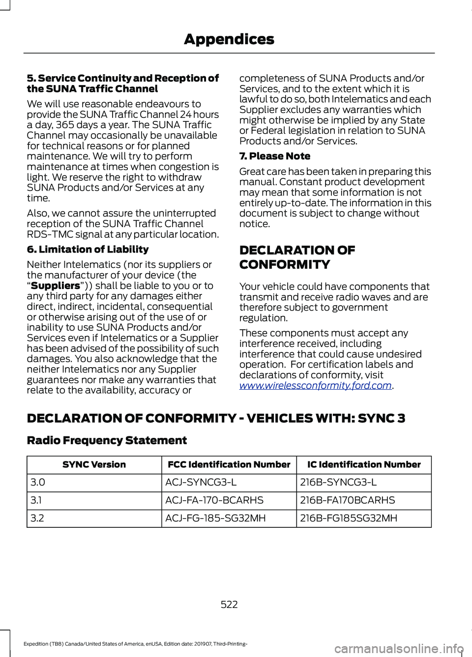FORD EXPEDITION 2020 Owners Manual 5. Service Continuity and Reception of
the SUNA Traffic Channel
We will use reasonable endeavours to
provide the SUNA Traffic Channel 24 hours
a day, 365 days a year. The SUNA Traffic
Channel may occa FORD EXPEDITION 2020 Owners Manual 5. Service Continuity and Reception of
the SUNA Traffic Channel
We will use reasonable endeavours to
provide the SUNA Traffic Channel 24 hours
a day, 365 days a year. The SUNA Traffic
Channel may occa