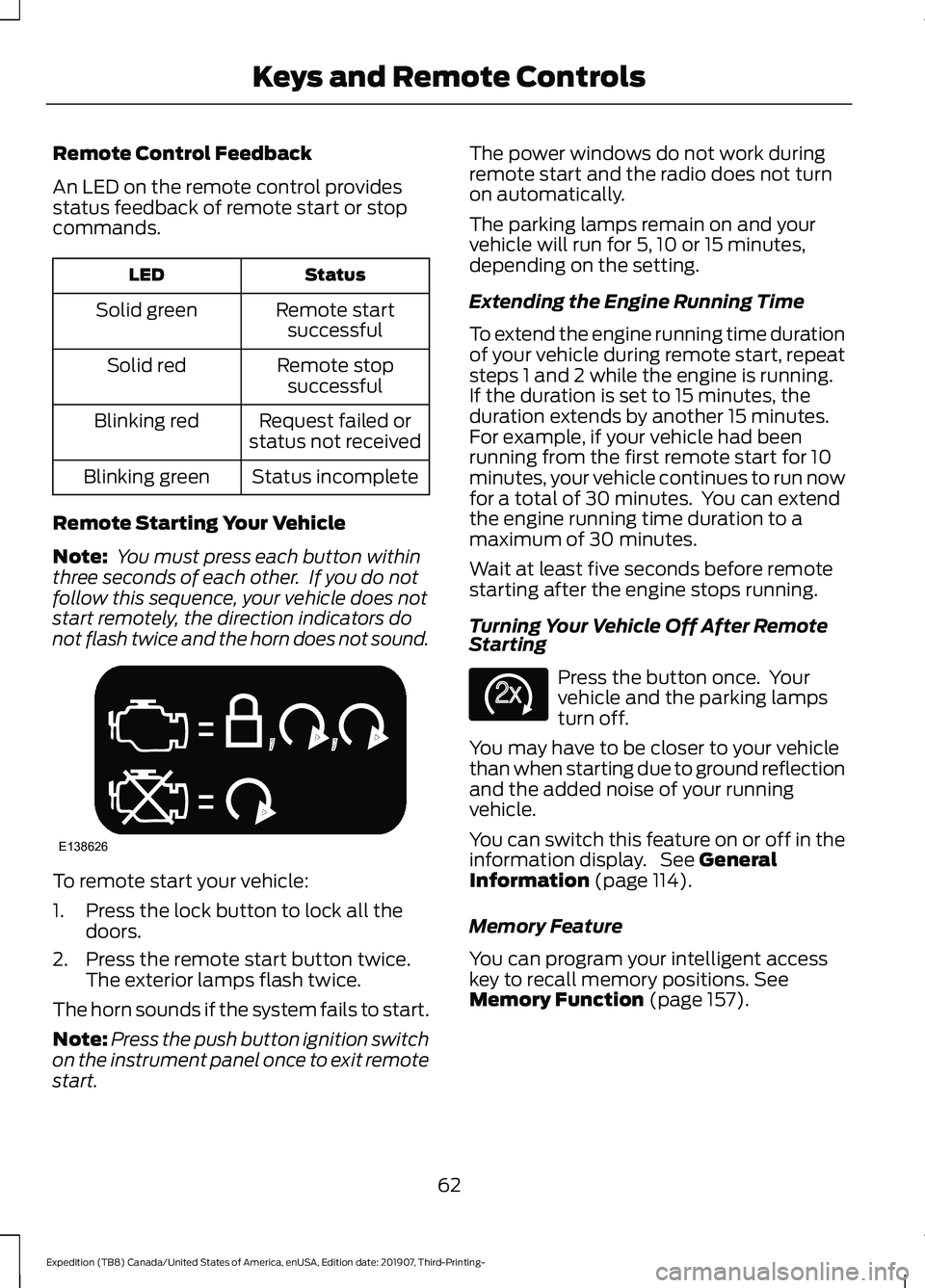 FORD EXPEDITION 2020 Repair Manual Remote Control Feedback
An LED on the remote control provides
status feedback of remote start or stop
commands.
Status
LED
Remote startsuccessful
Solid green
Remote stopsuccessful
Solid red
Request fa FORD EXPEDITION 2020 Repair Manual Remote Control Feedback
An LED on the remote control provides
status feedback of remote start or stop
commands.
Status
LED
Remote startsuccessful
Solid green
Remote stopsuccessful
Solid red
Request fa
