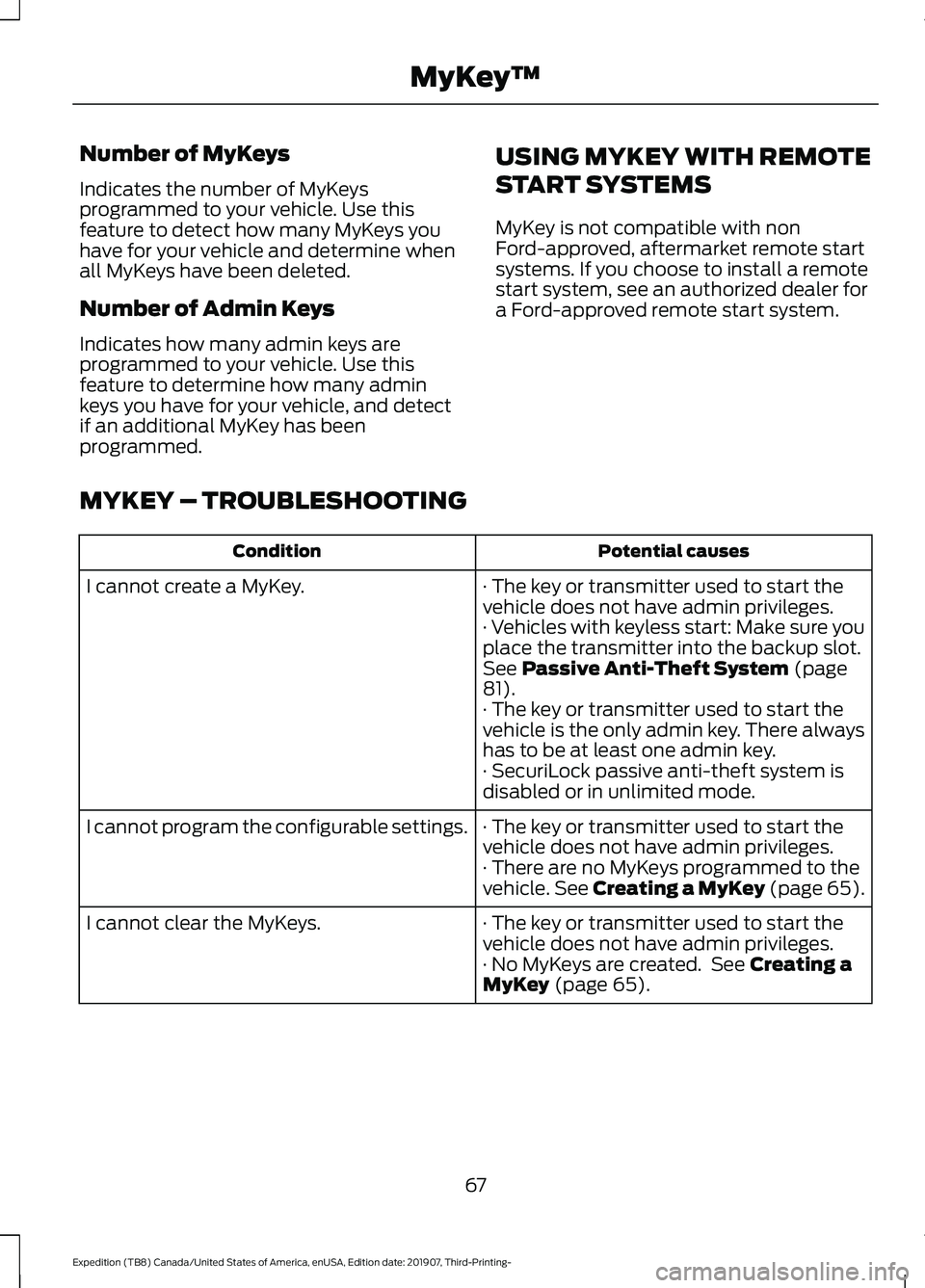 FORD EXPEDITION 2020  Owners Manual Number of MyKeys
Indicates the number of MyKeys
programmed to your vehicle. Use this
feature to detect how many MyKeys you
have for your vehicle and determine when
all MyKeys have been deleted.
Number