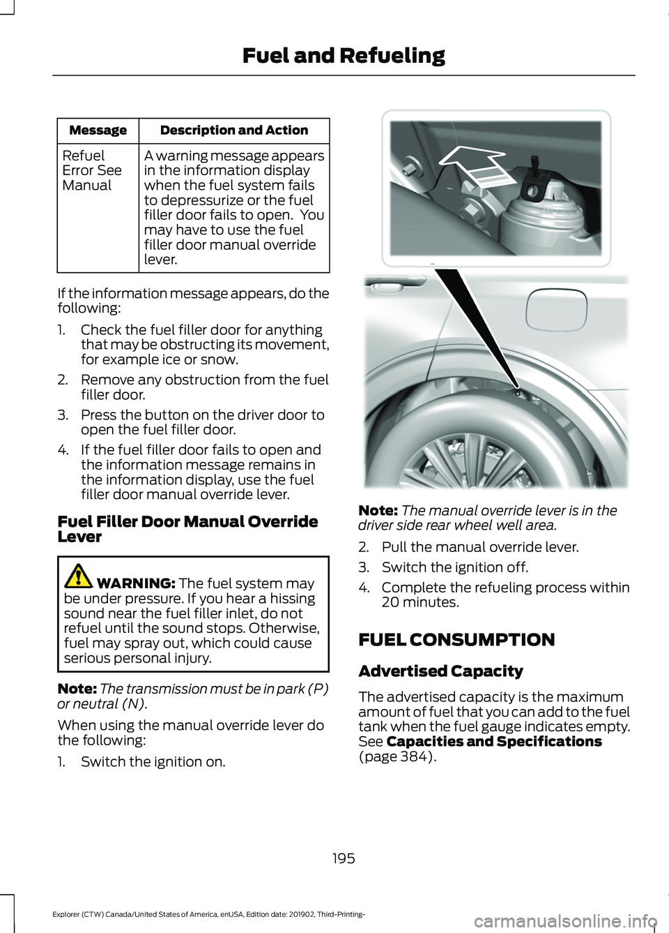 FORD EXPLORER 2020  Owners Manual Description and Action
Message
A warning message appears
in the information display
when the fuel system fails
to depressurize or the fuel
filler door fails to open.  You
may have to use the fuel
fill