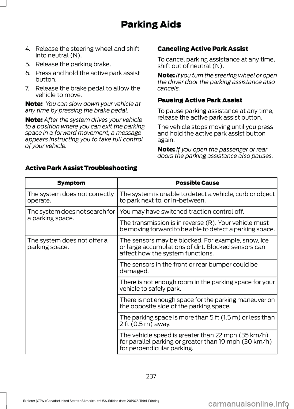 FORD EXPLORER 2020 Owners Guide 4. Release the steering wheel and shift
into neutral (N).
5. Release the parking brake.
6. Press and hold the active park assist button.
7. Release the brake pedal to allow the vehicle to move.
Note: FORD EXPLORER 2020 Owners Guide 4. Release the steering wheel and shift
into neutral (N).
5. Release the parking brake.
6. Press and hold the active park assist button.
7. Release the brake pedal to allow the vehicle to move.
Note: