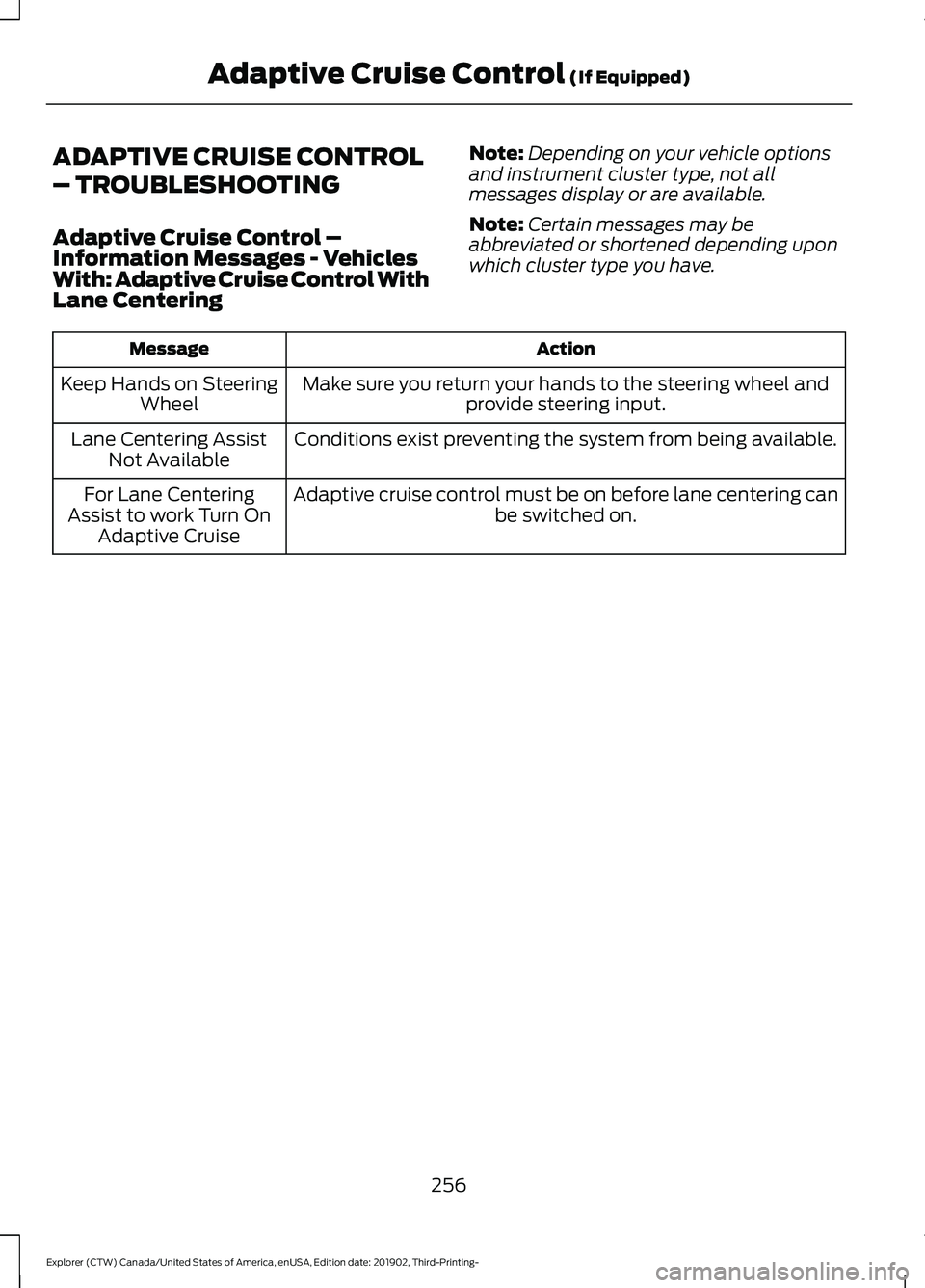 FORD EXPLORER 2020 Owners Manual ADAPTIVE CRUISE CONTROL
– TROUBLESHOOTING
Adaptive Cruise Control –
Information Messages - Vehicles
With: Adaptive Cruise Control With
Lane Centering
Note:
Depending on your vehicle options
and in FORD EXPLORER 2020 Owners Manual ADAPTIVE CRUISE CONTROL
– TROUBLESHOOTING
Adaptive Cruise Control –
Information Messages - Vehicles
With: Adaptive Cruise Control With
Lane Centering
Note:
Depending on your vehicle options
and in