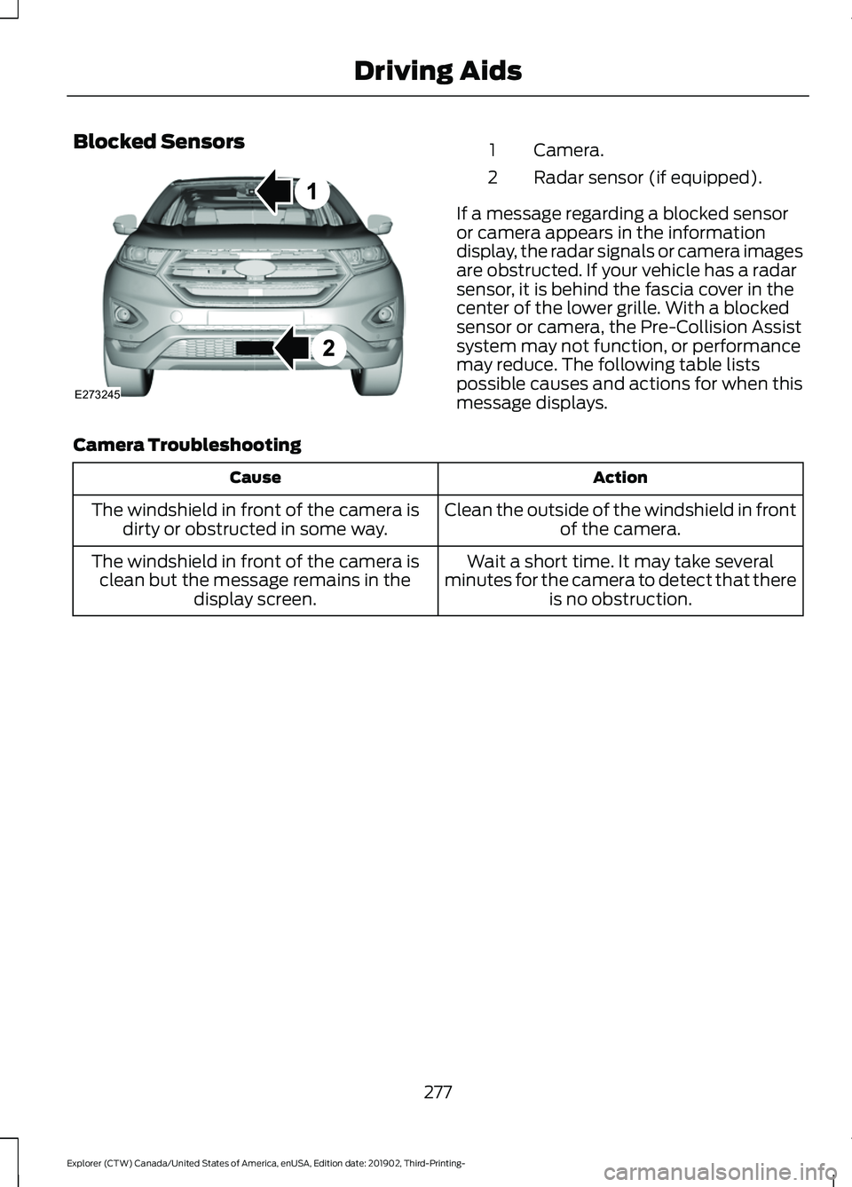 FORD EXPLORER 2020 Workshop Manual Blocked Sensors
Camera.
1
Radar sensor (if equipped).
2
If a message regarding a blocked sensor
or camera appears in the information
display, the radar signals or camera images
are obstructed. If your FORD EXPLORER 2020 Workshop Manual Blocked Sensors
Camera.
1
Radar sensor (if equipped).
2
If a message regarding a blocked sensor
or camera appears in the information
display, the radar signals or camera images
are obstructed. If your