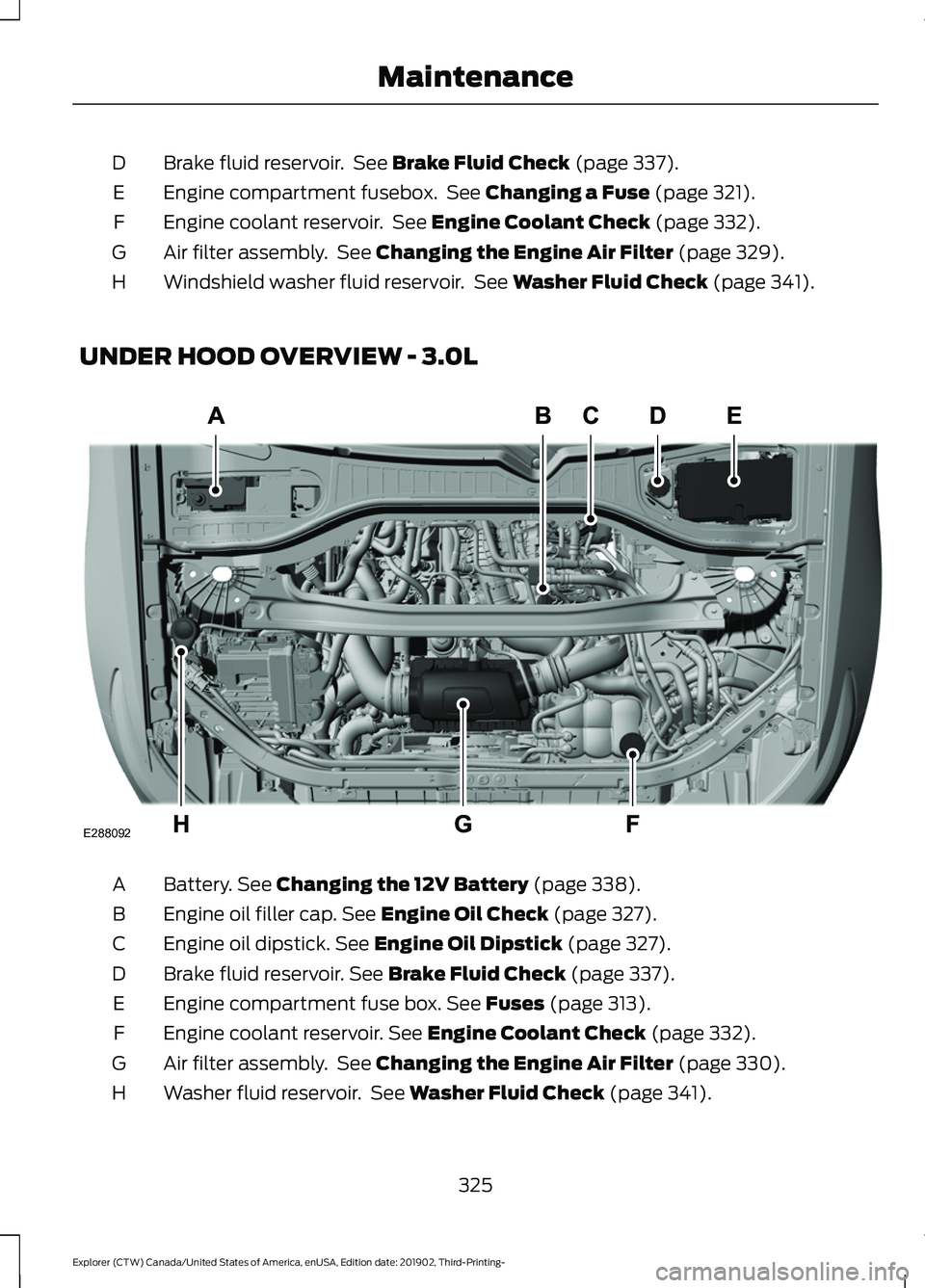 FORD EXPLORER 2020  Owners Manual Brake fluid reservoir.  See Brake Fluid Check (page 337).
D
Engine compartment fusebox.  See 
Changing a Fuse (page 321).
E
Engine coolant reservoir.  See 
Engine Coolant Check (page 332).
F
Air filte
