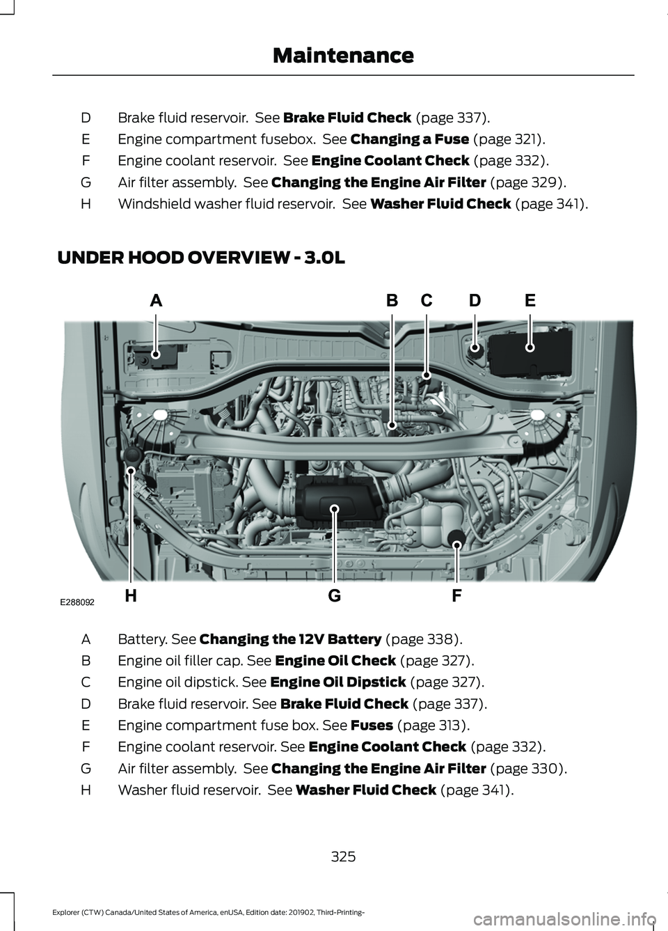 FORD EXPLORER 2020 Owners Manual Brake fluid reservoir. See Brake Fluid Check (page 337).
D
Engine compartment fusebox. See
Changing a Fuse (page 321).
E
Engine coolant reservoir. See
Engine Coolant Check (page 332).
F
Air filte FORD EXPLORER 2020 Owners Manual Brake fluid reservoir. See Brake Fluid Check (page 337).
D
Engine compartment fusebox. See
Changing a Fuse (page 321).
E
Engine coolant reservoir. See
Engine Coolant Check (page 332).
F
Air filte