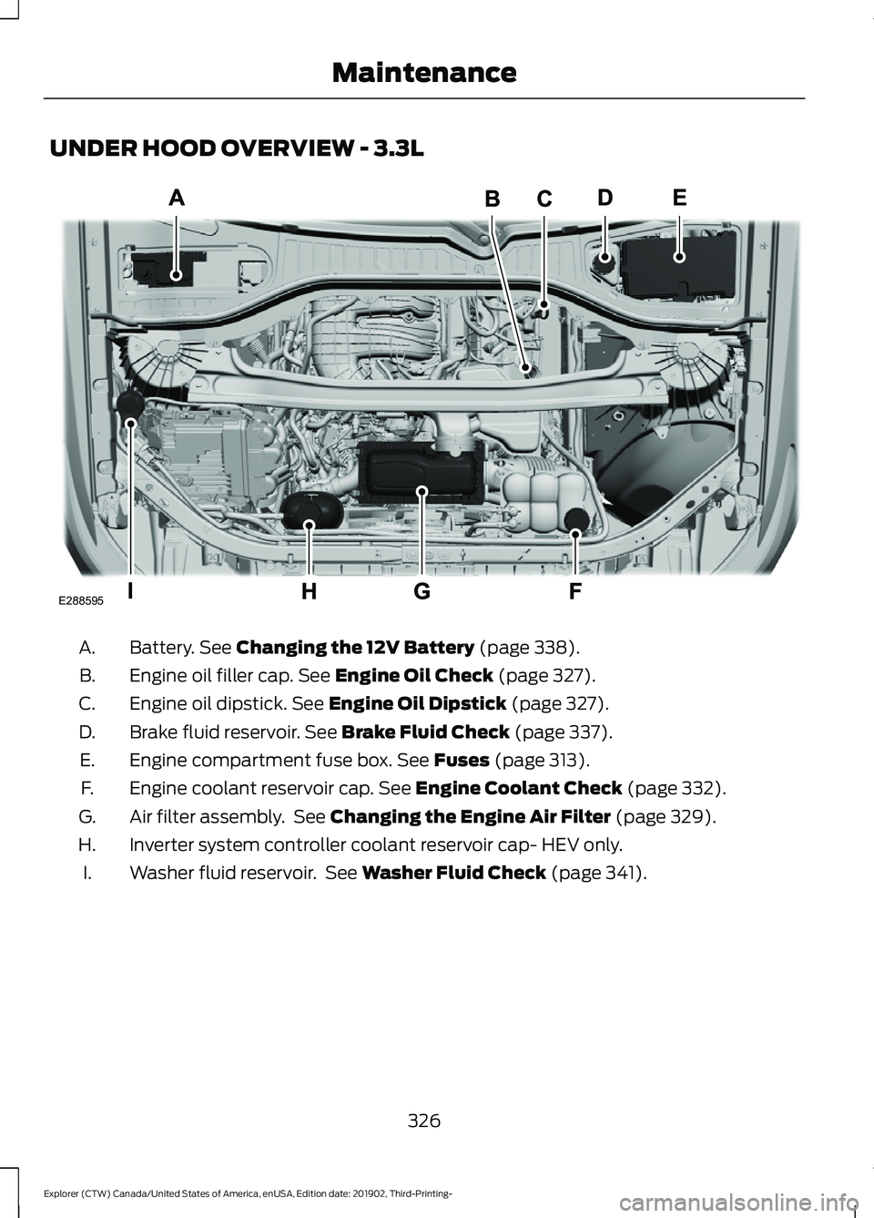 FORD EXPLORER 2020  Owners Manual UNDER HOOD OVERVIEW - 3.3L
Battery. See Changing the 12V Battery (page 338).
A.
Engine oil filler cap.
 See Engine Oil Check (page 327).
B.
Engine oil dipstick.
 See Engine Oil Dipstick (page 327).
C.