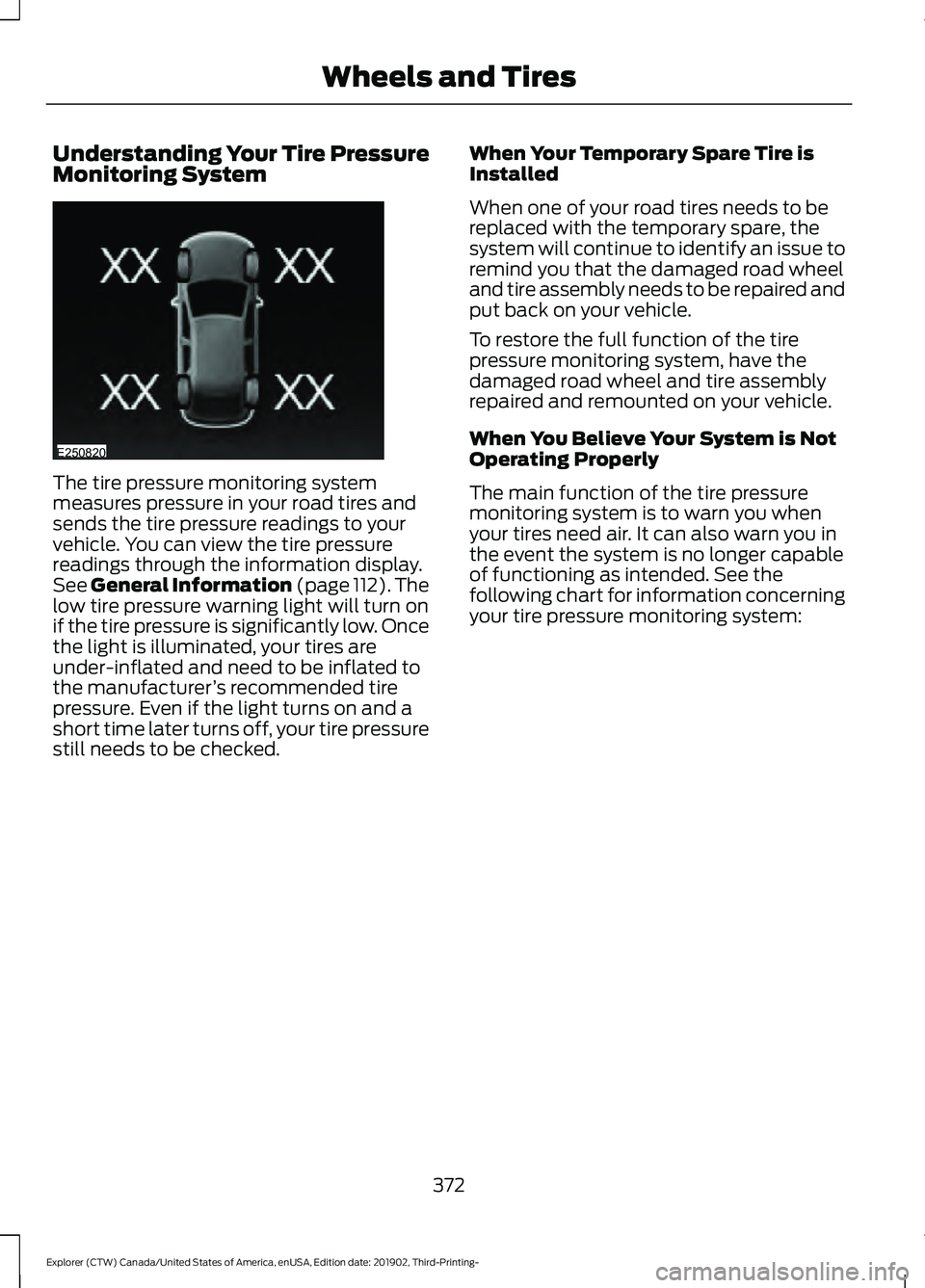 FORD EXPLORER 2020 Owners Manual Understanding Your Tire Pressure
Monitoring System
The tire pressure monitoring system
measures pressure in your road tires and
sends the tire pressure readings to your
vehicle. You can view the tire FORD EXPLORER 2020 Owners Manual Understanding Your Tire Pressure
Monitoring System
The tire pressure monitoring system
measures pressure in your road tires and
sends the tire pressure readings to your
vehicle. You can view the tire