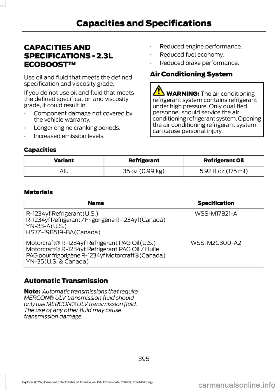 FORD EXPLORER 2020 Owners Manual CAPACITIES AND
SPECIFICATIONS - 2.3L
ECOBOOST™
Use oil and fluid that meets the defined
specification and viscosity grade.
If you do not use oil and fluid that meets
the defined specification and vi FORD EXPLORER 2020 Owners Manual CAPACITIES AND
SPECIFICATIONS - 2.3L
ECOBOOST™
Use oil and fluid that meets the defined
specification and viscosity grade.
If you do not use oil and fluid that meets
the defined specification and vi