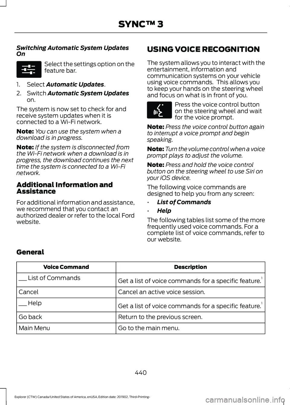 FORD EXPLORER 2020 Owners Manual Switching Automatic System Updates
On
Select the settings option on the
feature bar.
1. Select Automatic Updates.
2. Switch
Automatic System Updates
on.
The system is now set to check for and
receive FORD EXPLORER 2020 Owners Manual Switching Automatic System Updates
On
Select the settings option on the
feature bar.
1. Select Automatic Updates.
2. Switch
Automatic System Updates
on.
The system is now set to check for and
receive