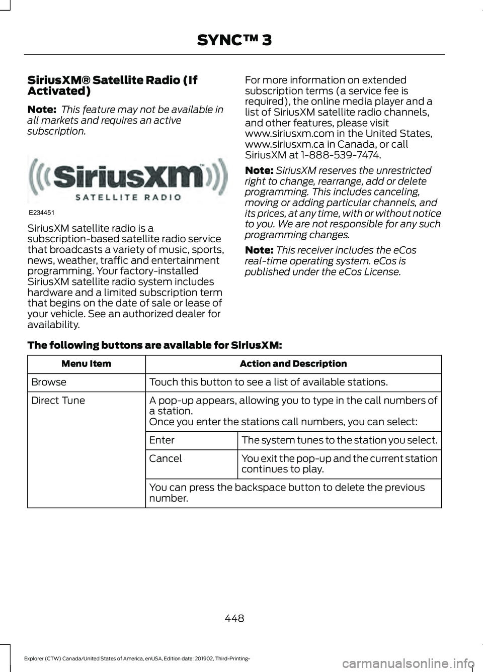 FORD EXPLORER 2020 Owners Manual SiriusXM® Satellite Radio (If
Activated)
Note:
This feature may not be available in
all markets and requires an active
subscription. SiriusXM satellite radio is a
subscription-based satellite radio FORD EXPLORER 2020 Owners Manual SiriusXM® Satellite Radio (If
Activated)
Note:
This feature may not be available in
all markets and requires an active
subscription. SiriusXM satellite radio is a
subscription-based satellite radio