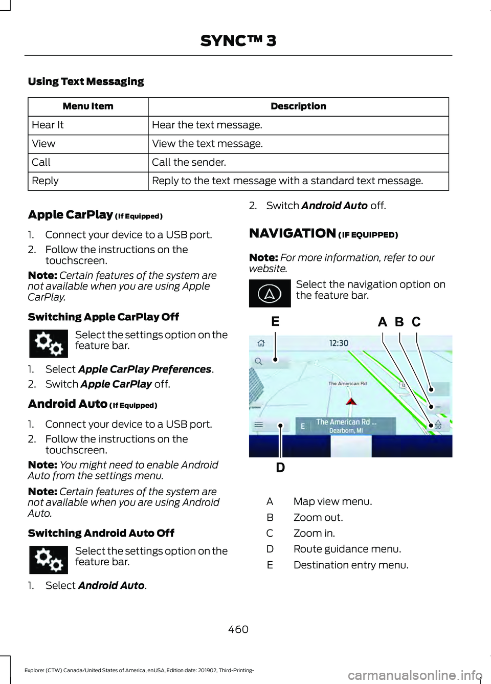 FORD EXPLORER 2020 Owners Manual Using Text Messaging
Description
Menu Item
Hear the text message.
Hear It
View the text message.
View
Call the sender.
Call
Reply to the text message with a standard text message.
Reply
Apple CarPlay FORD EXPLORER 2020 Owners Manual Using Text Messaging
Description
Menu Item
Hear the text message.
Hear It
View the text message.
View
Call the sender.
Call
Reply to the text message with a standard text message.
Reply
Apple CarPlay