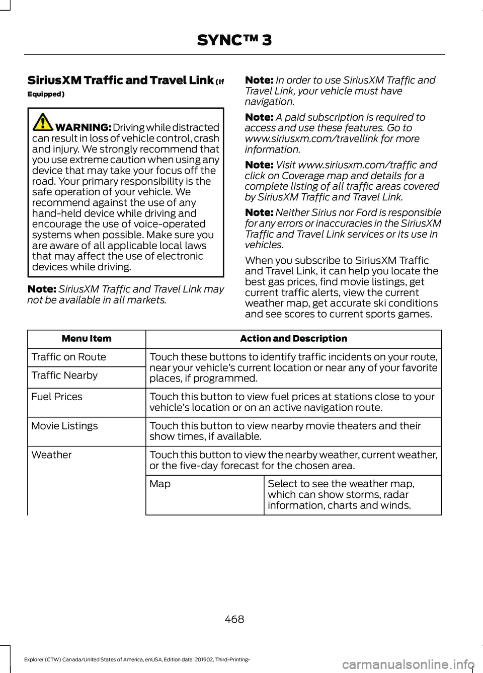 FORD EXPLORER 2020 Owners Manual SiriusXM Traffic and Travel Link (If
Equipped)
WARNING: Driving while distracted
can result in loss of vehicle control, crash
and injury. We strongly recommend that
you use extreme caution when using FORD EXPLORER 2020 Owners Manual SiriusXM Traffic and Travel Link (If
Equipped)
WARNING: Driving while distracted
can result in loss of vehicle control, crash
and injury. We strongly recommend that
you use extreme caution when using