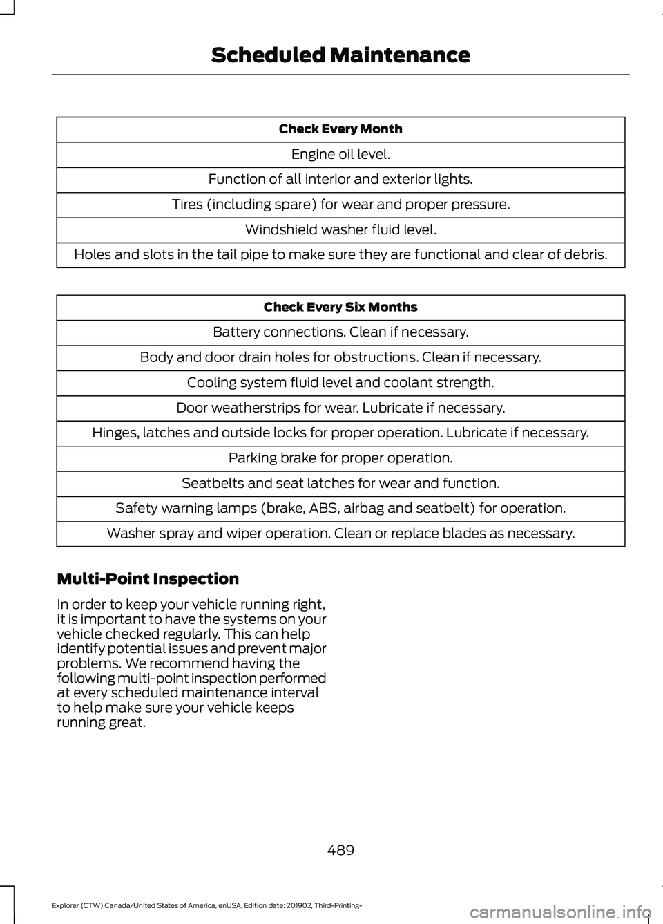 FORD EXPLORER 2020 User Guide Check Every Month
Engine oil level.
Function of all interior and exterior lights.
Tires (including spare) for wear and proper pressure. Windshield washer fluid level.
Holes and slots in the tail pipe FORD EXPLORER 2020 User Guide Check Every Month
Engine oil level.
Function of all interior and exterior lights.
Tires (including spare) for wear and proper pressure. Windshield washer fluid level.
Holes and slots in the tail pipe