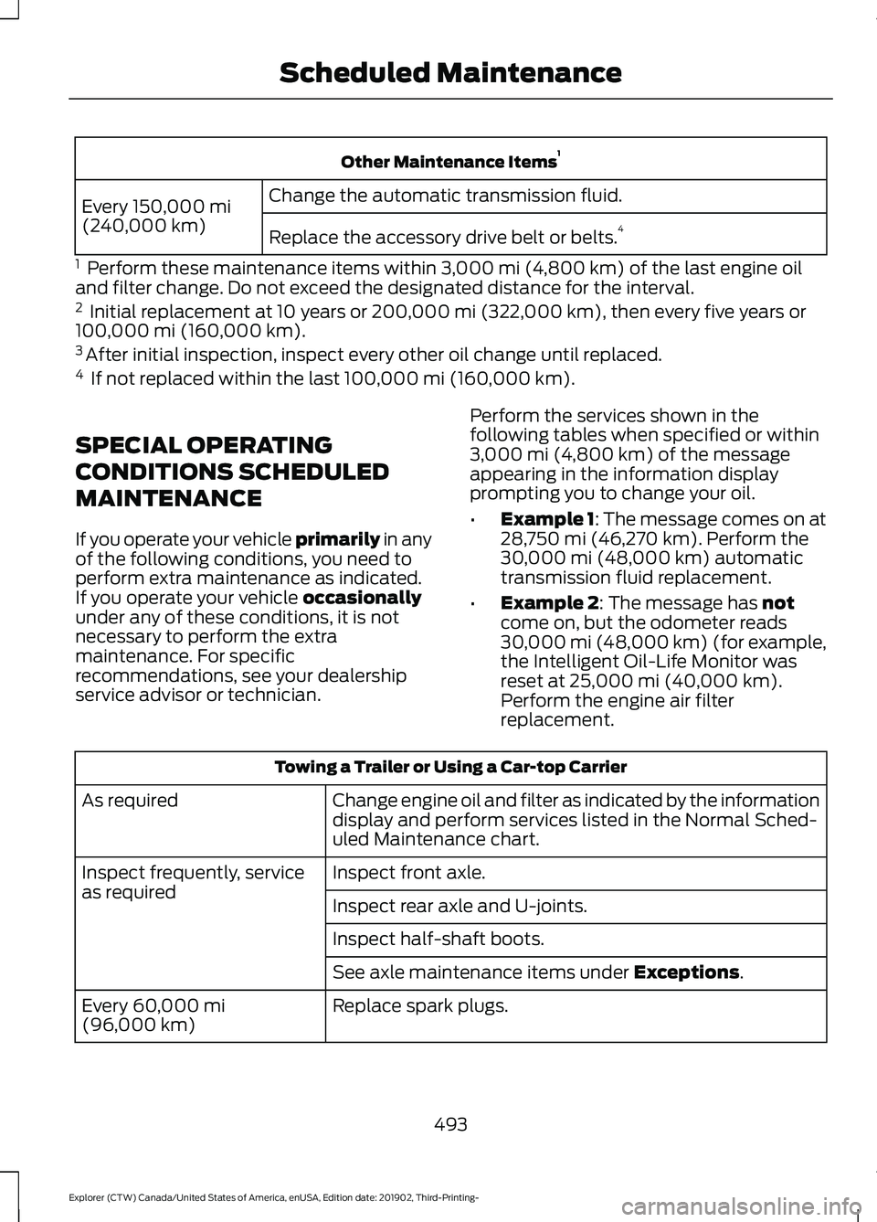 FORD EXPLORER 2020 Owners Manual Other Maintenance Items
1
Change the automatic transmission fluid.
Every 150,000 mi
(240,000 km) Replace the accessory drive belt or belts. 4
1 Perform these maintenance items within
3,000 mi (4,80 FORD EXPLORER 2020 Owners Manual Other Maintenance Items
1
Change the automatic transmission fluid.
Every 150,000 mi
(240,000 km) Replace the accessory drive belt or belts. 4
1 Perform these maintenance items within
3,000 mi (4,80