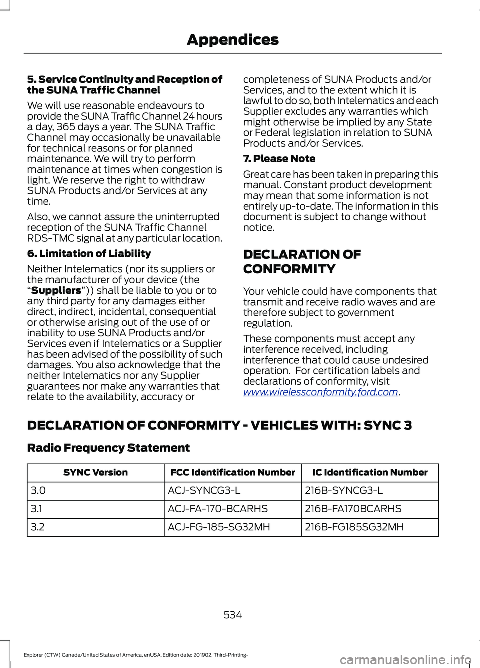 FORD EXPLORER 2020 Owners Manual 5. Service Continuity and Reception of
the SUNA Traffic Channel
We will use reasonable endeavours to
provide the SUNA Traffic Channel 24 hours
a day, 365 days a year. The SUNA Traffic
Channel may occa FORD EXPLORER 2020 Owners Manual 5. Service Continuity and Reception of
the SUNA Traffic Channel
We will use reasonable endeavours to
provide the SUNA Traffic Channel 24 hours
a day, 365 days a year. The SUNA Traffic
Channel may occa