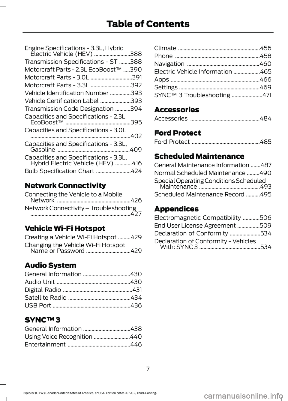 FORD EXPLORER 2020 Owners Manual Engine Specifications - 3.3L, Hybrid
Electric Vehicle (HEV) ..........................388
Transmission Specifications - ST ........
388
Motorcraft Parts - 2.3L EcoBoost™ .....
390
Motorcraft Parts - FORD EXPLORER 2020 Owners Manual Engine Specifications - 3.3L, Hybrid
Electric Vehicle (HEV) ..........................388
Transmission Specifications - ST ........
388
Motorcraft Parts - 2.3L EcoBoost™ .....
390
Motorcraft Parts -