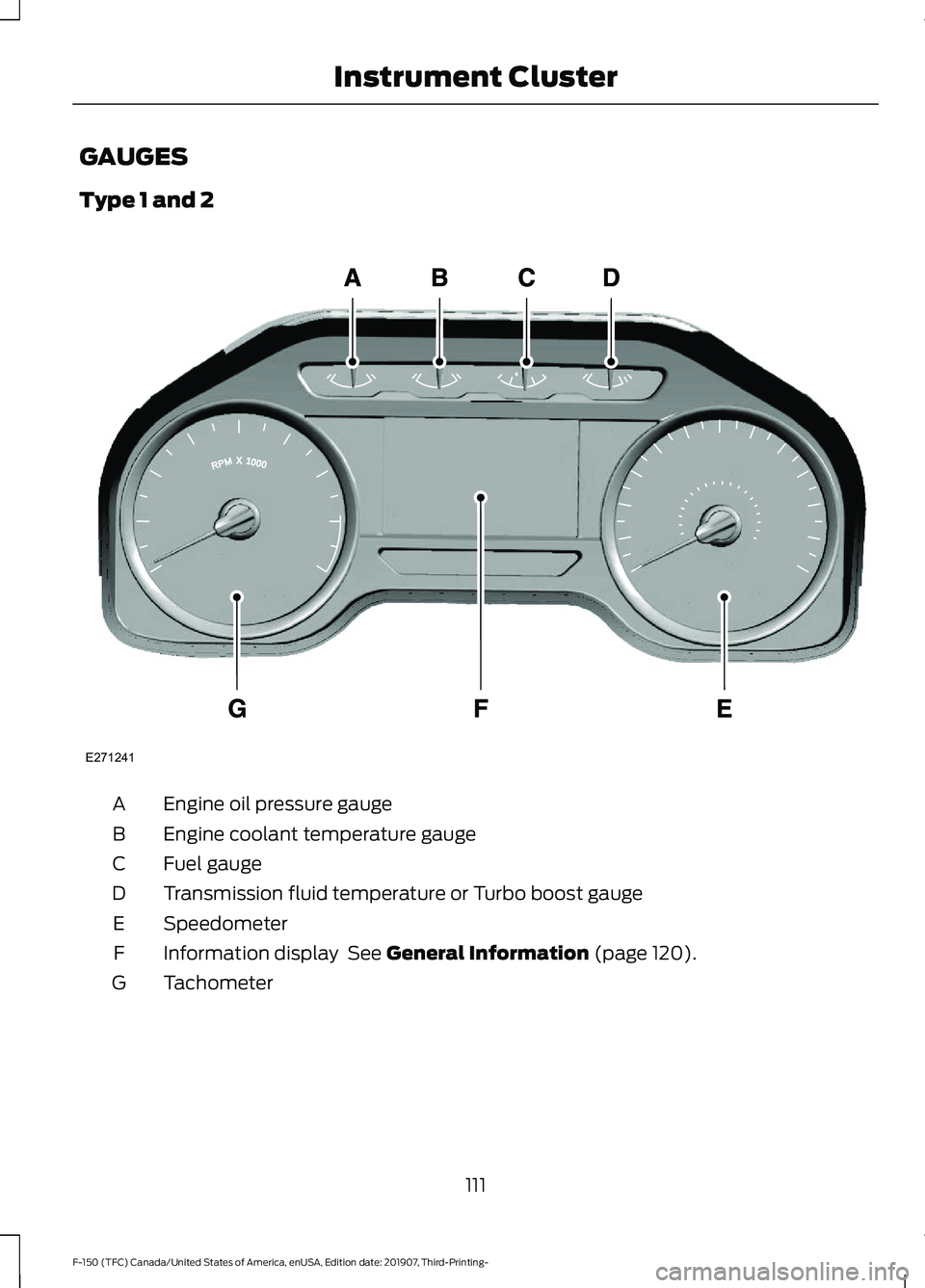 FORD F-150 2020  Owners Manual GAUGES
Type 1 and 2
Engine oil pressure gauge
A
Engine coolant temperature gauge
B
Fuel gauge
C
Transmission fluid temperature or Turbo boost gauge
D
Speedometer
E
Information display  See General Inf