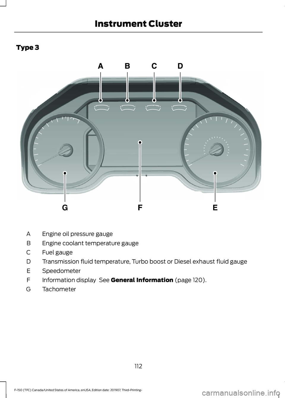 FORD F-150 2020 Owners Manual Type 3
Engine oil pressure gauge
A
Engine coolant temperature gauge
B
Fuel gauge
C
Transmission fluid temperature, Turbo boost or Diesel exhaust fluid gauge
D
Speedometer
E
Information display See Ge FORD F-150 2020 Owners Manual Type 3
Engine oil pressure gauge
A
Engine coolant temperature gauge
B
Fuel gauge
C
Transmission fluid temperature, Turbo boost or Diesel exhaust fluid gauge
D
Speedometer
E
Information display See Ge