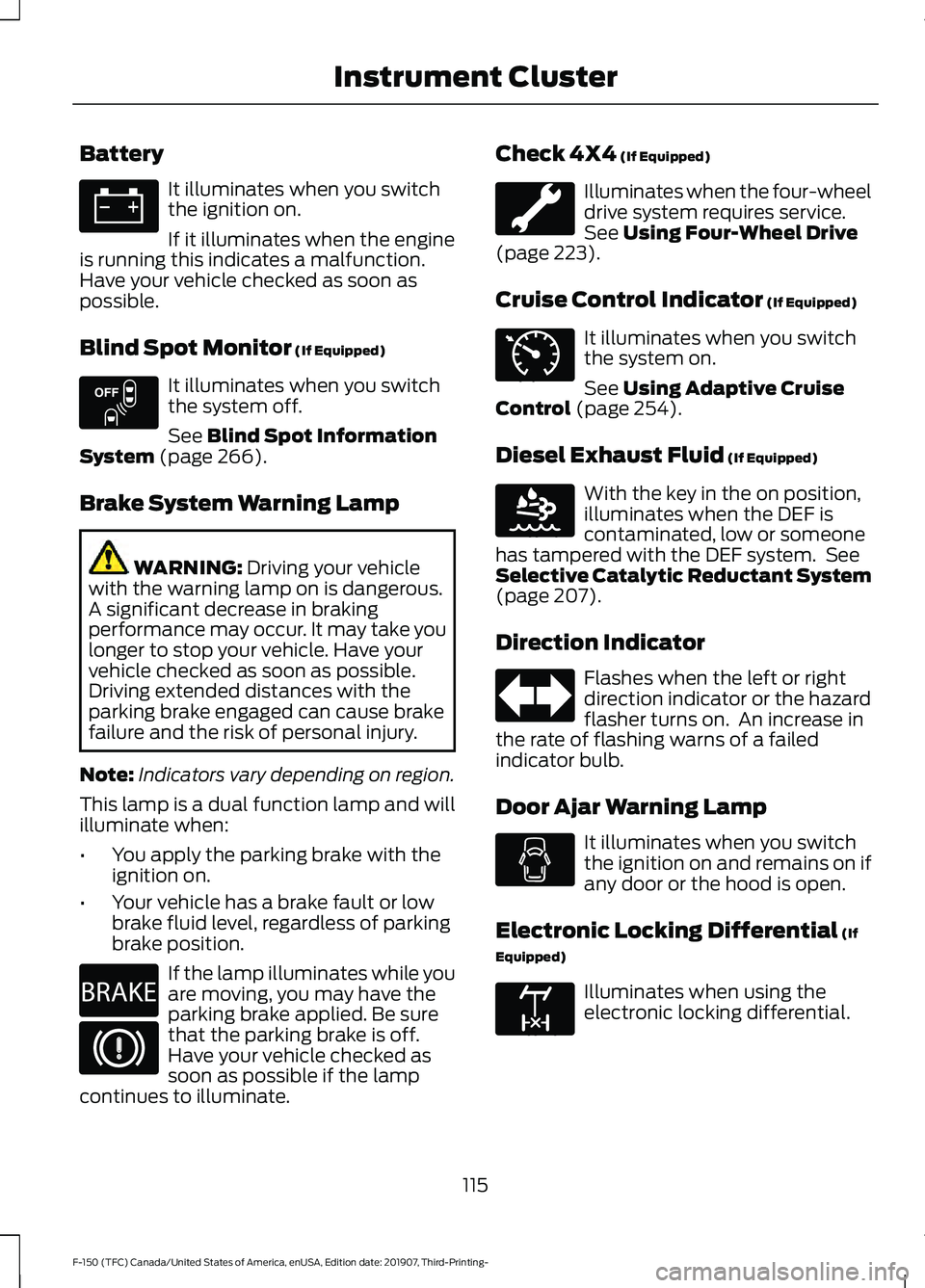 FORD F-150 2020 Owners Manual Battery
It illuminates when you switch
the ignition on.
If it illuminates when the engine
is running this indicates a malfunction.
Have your vehicle checked as soon as
possible.
Blind Spot Monitor (If FORD F-150 2020 Owners Manual Battery
It illuminates when you switch
the ignition on.
If it illuminates when the engine
is running this indicates a malfunction.
Have your vehicle checked as soon as
possible.
Blind Spot Monitor (If