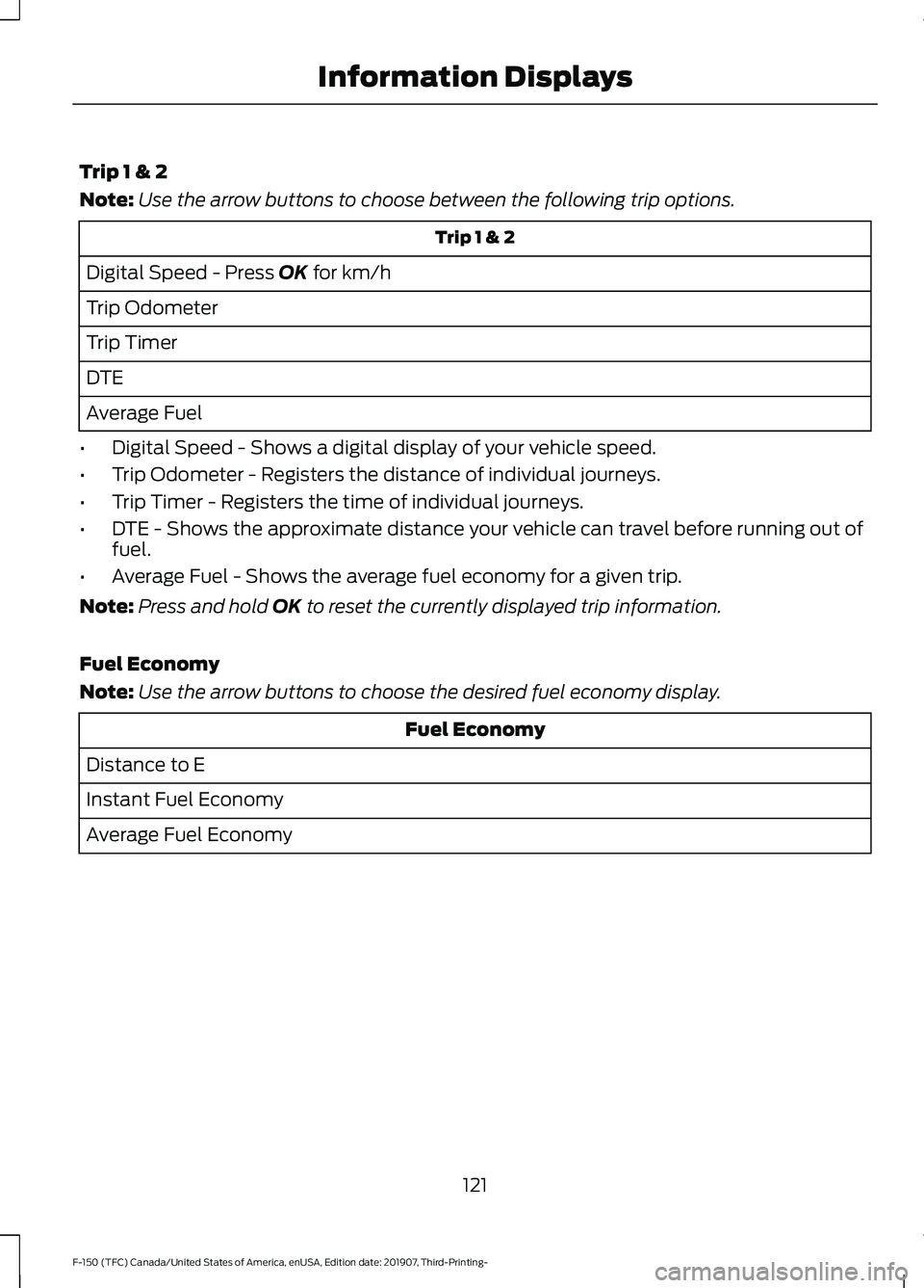 FORD F-150 2020 Owners Manual Trip 1 & 2
Note:
Use the arrow buttons to choose between the following trip options. Trip 1 & 2
Digital Speed - Press OK for km/h
Trip Odometer
Trip Timer
DTE
Average Fuel
• Digital Speed - Shows a FORD F-150 2020 Owners Manual Trip 1 & 2
Note:
Use the arrow buttons to choose between the following trip options. Trip 1 & 2
Digital Speed - Press OK for km/h
Trip Odometer
Trip Timer
DTE
Average Fuel
• Digital Speed - Shows a