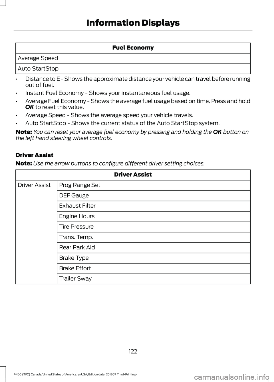 FORD F-150 2020 Owners Manual Fuel Economy
Average Speed
Auto StartStop
• Distance to E - Shows the approximate distance your vehicle can travel before running
out of fuel.
• Instant Fuel Economy - Shows your instantaneous fue FORD F-150 2020 Owners Manual Fuel Economy
Average Speed
Auto StartStop
• Distance to E - Shows the approximate distance your vehicle can travel before running
out of fuel.
• Instant Fuel Economy - Shows your instantaneous fue