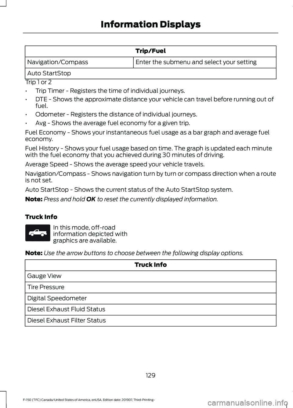 FORD F-150 2020 Owners Manual Trip/Fuel
Enter the submenu and select your setting
Navigation/Compass
Auto StartStop
Trip 1 or 2
• Trip Timer - Registers the time of individual journeys.
• DTE - Shows the approximate distance y FORD F-150 2020 Owners Manual Trip/Fuel
Enter the submenu and select your setting
Navigation/Compass
Auto StartStop
Trip 1 or 2
• Trip Timer - Registers the time of individual journeys.
• DTE - Shows the approximate distance y