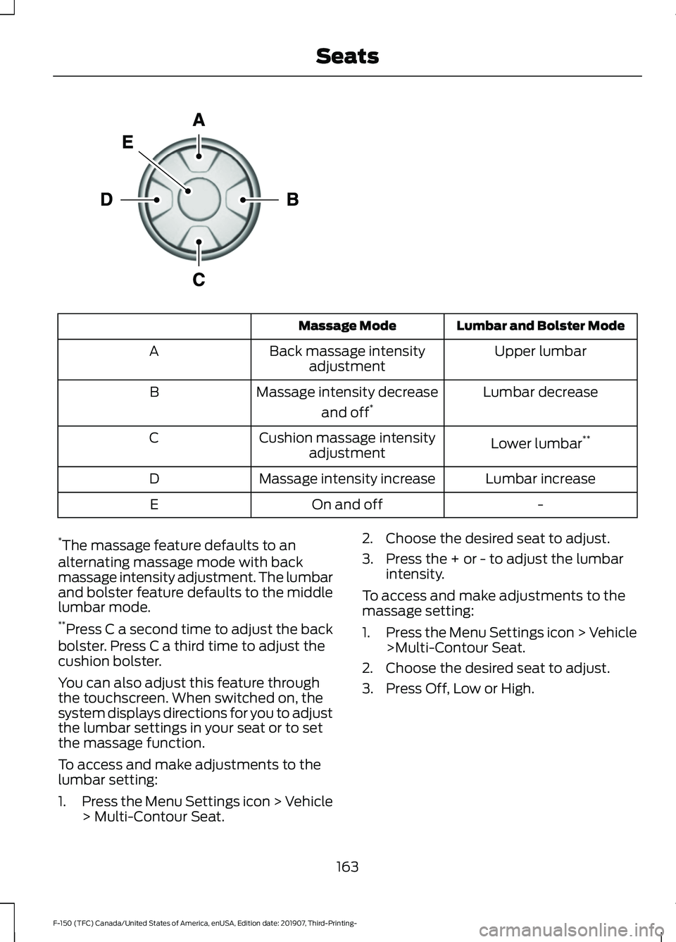 FORD F-150 2020  Owners Manual Lumbar and Bolster Mode
Massage Mode
Upper lumbar
Back massage intensity
adjustment
A
Lumbar decrease
Massage intensity decrease
and off*
B
Lower lumbar**
Cushion massage intensity
adjustment
C
Lumbar