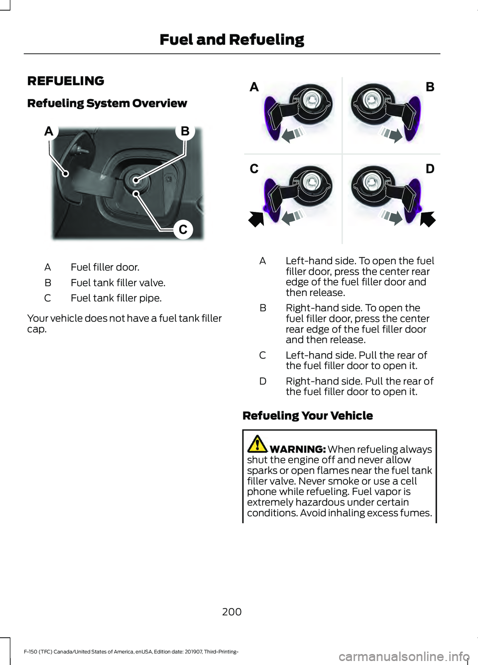 FORD F-150 2020  Owners Manual REFUELING
Refueling System Overview
Fuel filler door.
A
Fuel tank filler valve.
B
Fuel tank filler pipe.
C
Your vehicle does not have a fuel tank filler
cap. Left-hand side. To open the fuel
filler do