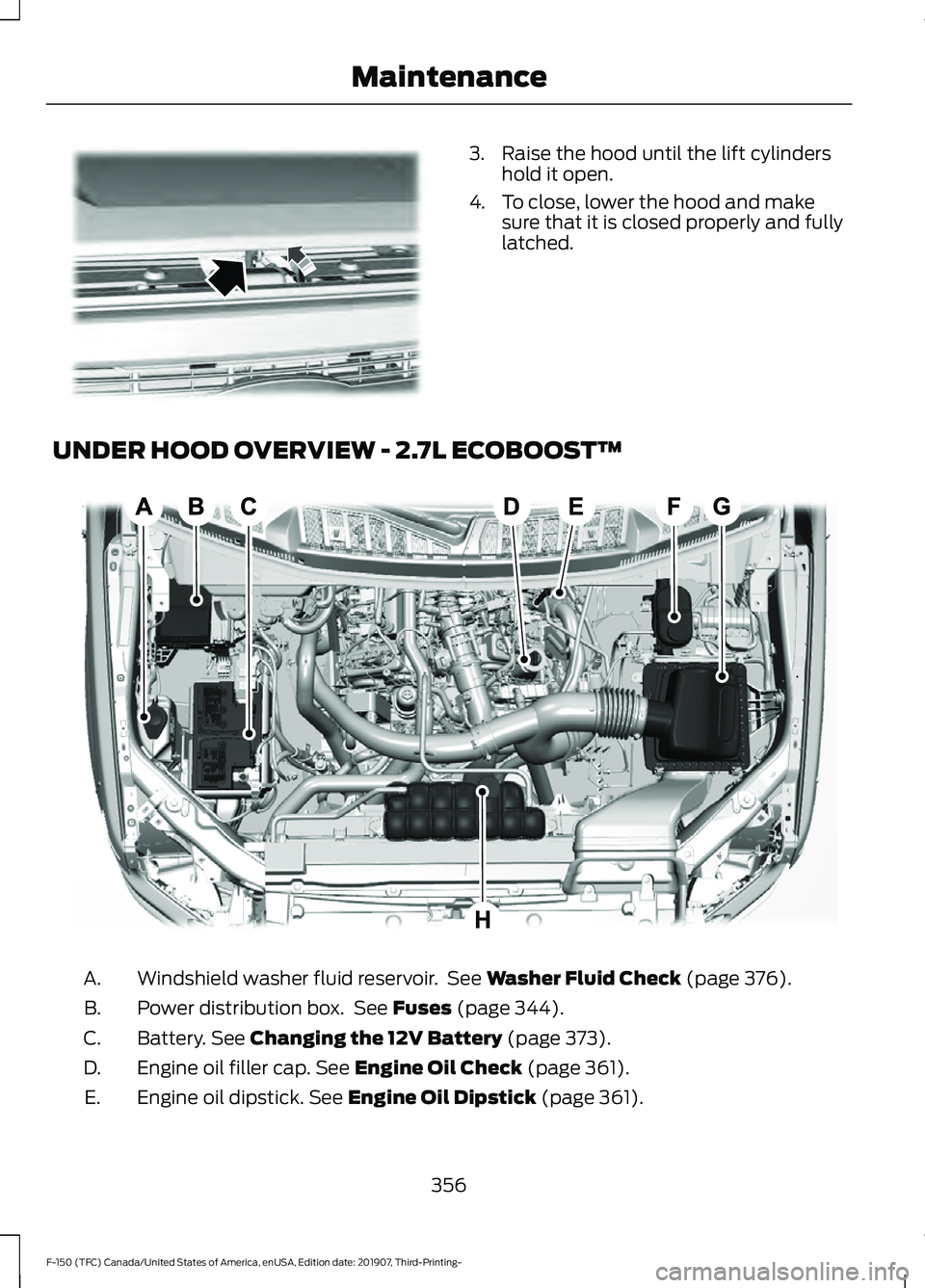 FORD F-150 2020  Owners Manual 3. Raise the hood until the lift cylinders
hold it open.
4. To close, lower the hood and make sure that it is closed properly and fully
latched.
UNDER HOOD OVERVIEW - 2.7L ECOBOOST™ Windshield washe