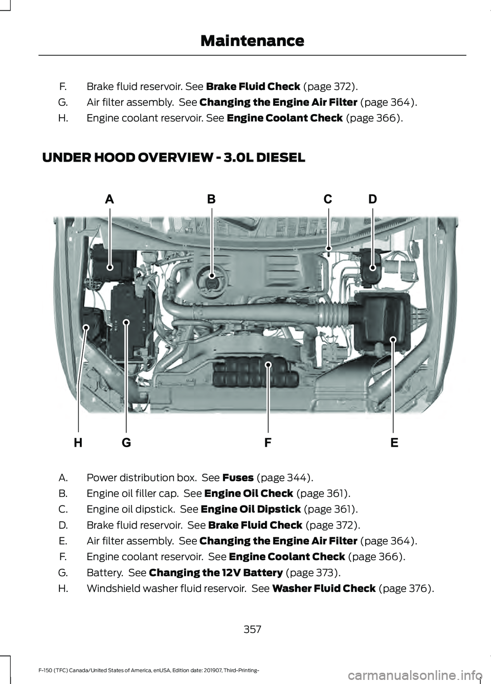 FORD F-150 2020  Owners Manual Brake fluid reservoir. See Brake Fluid Check (page 372).
F.
Air filter assembly.  See 
Changing the Engine Air Filter (page 364).
G.
Engine coolant reservoir.
 See Engine Coolant Check (page 366).
H.
