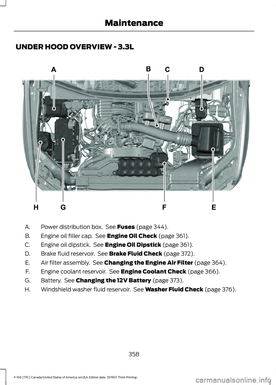 FORD F-150 2020 Service Manual UNDER HOOD OVERVIEW - 3.3L
Power distribution box. See Fuses (page 344).
A.
Engine oil filler cap. See
Engine Oil Check (page 361).
B.
Engine oil dipstick. See
Engine Oil Dipstick (page 361).
C.
FORD F-150 2020 Service Manual UNDER HOOD OVERVIEW - 3.3L
Power distribution box. See Fuses (page 344).
A.
Engine oil filler cap. See
Engine Oil Check (page 361).
B.
Engine oil dipstick. See
Engine Oil Dipstick (page 361).
C.