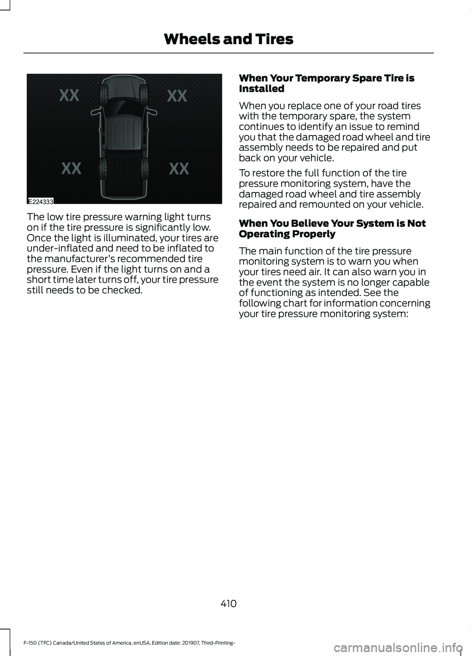 FORD F-150 2020  Owners Manual The low tire pressure warning light turns
on if the tire pressure is significantly low.
Once the light is illuminated, your tires are
under-inflated and need to be inflated to
the manufacturer
’s re