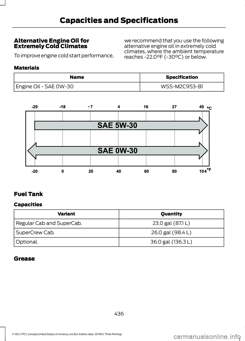 FORD F-150 2020 Owners Manual Alternative Engine Oil for
Extremely Cold Climates
To improve engine cold start performance,
we recommend that you use the following
alternative engine oil in extremely cold
climates, where the ambien FORD F-150 2020 Owners Manual Alternative Engine Oil for
Extremely Cold Climates
To improve engine cold start performance,
we recommend that you use the following
alternative engine oil in extremely cold
climates, where the ambien