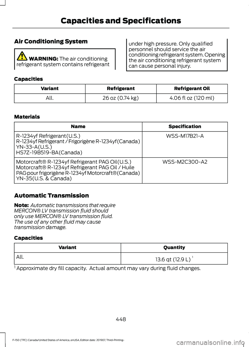 FORD F-150 2020  Owners Manual Air Conditioning System
WARNING: The air conditioning
refrigerant system contains refrigerant under high pressure. Only qualified
personnel should service the air
conditioning refrigerant system. Open