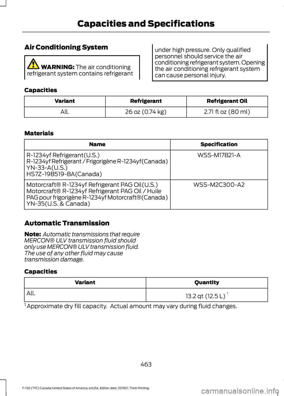 FORD F-150 2020  Owners Manual Air Conditioning System
WARNING: The air conditioning
refrigerant system contains refrigerant under high pressure. Only qualified
personnel should service the air
conditioning refrigerant system. Open