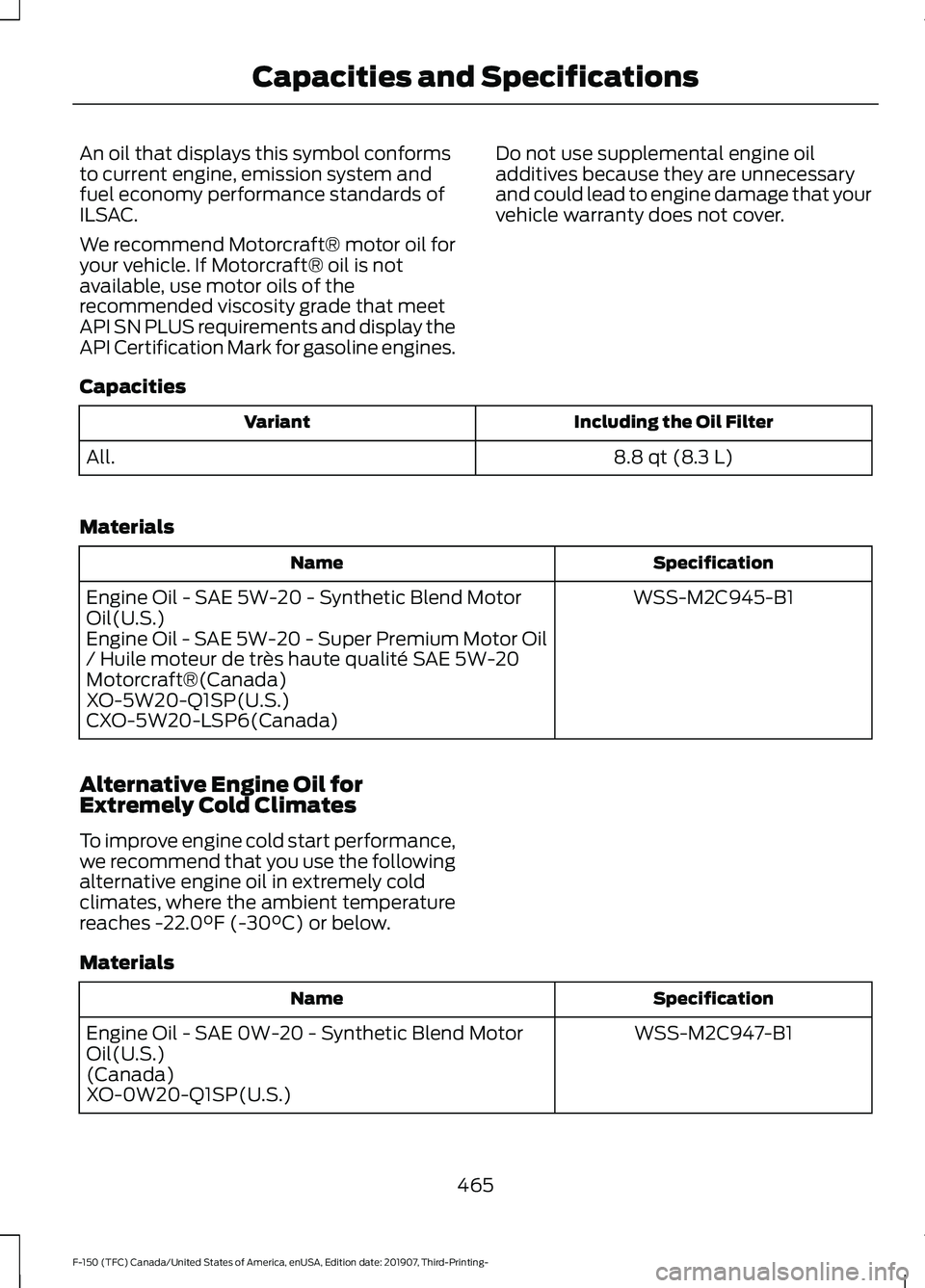 FORD F-150 2020 Owners Manual An oil that displays this symbol conforms
to current engine, emission system and
fuel economy performance standards of
ILSAC.
We recommend Motorcraft® motor oil for
your vehicle. If Motorcraft® oil FORD F-150 2020 Owners Manual An oil that displays this symbol conforms
to current engine, emission system and
fuel economy performance standards of
ILSAC.
We recommend Motorcraft® motor oil for
your vehicle. If Motorcraft® oil