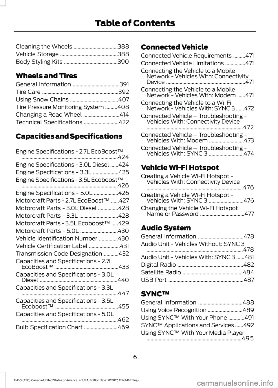 FORD F-150 2020  Owners Manual Cleaning the Wheels
.................................388
Vehicle Storage ...........................................
388
Body Styling Kits ........................................
390
Wheels and Tires