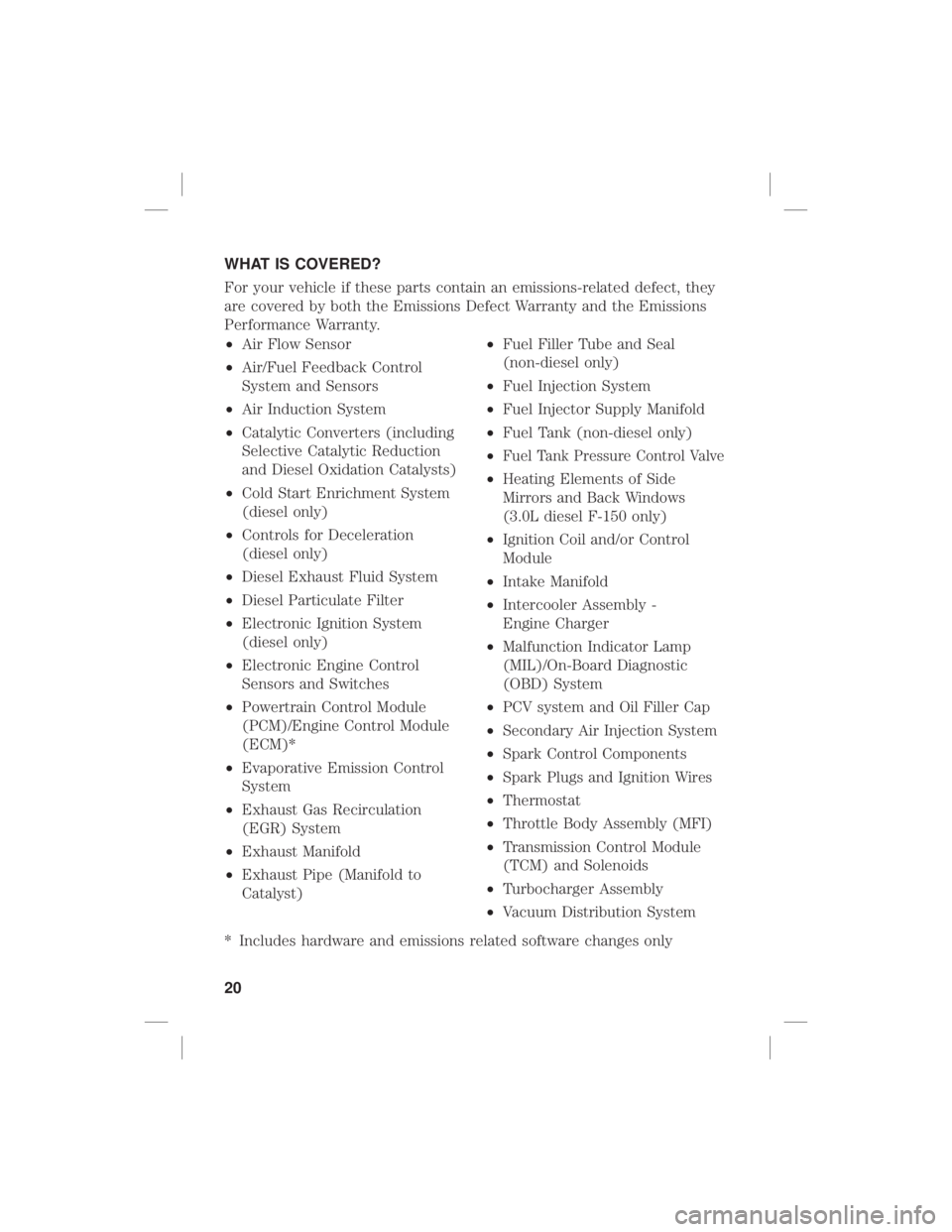 FORD F-150 2020  Warranty Guide WHAT IS COVERED?
For your vehicle if these parts contain an emissions-related defect, they
are covered by both the Emissions Defect Warranty and the Emissions
Performance Warranty.
•Air Flow Sensor
