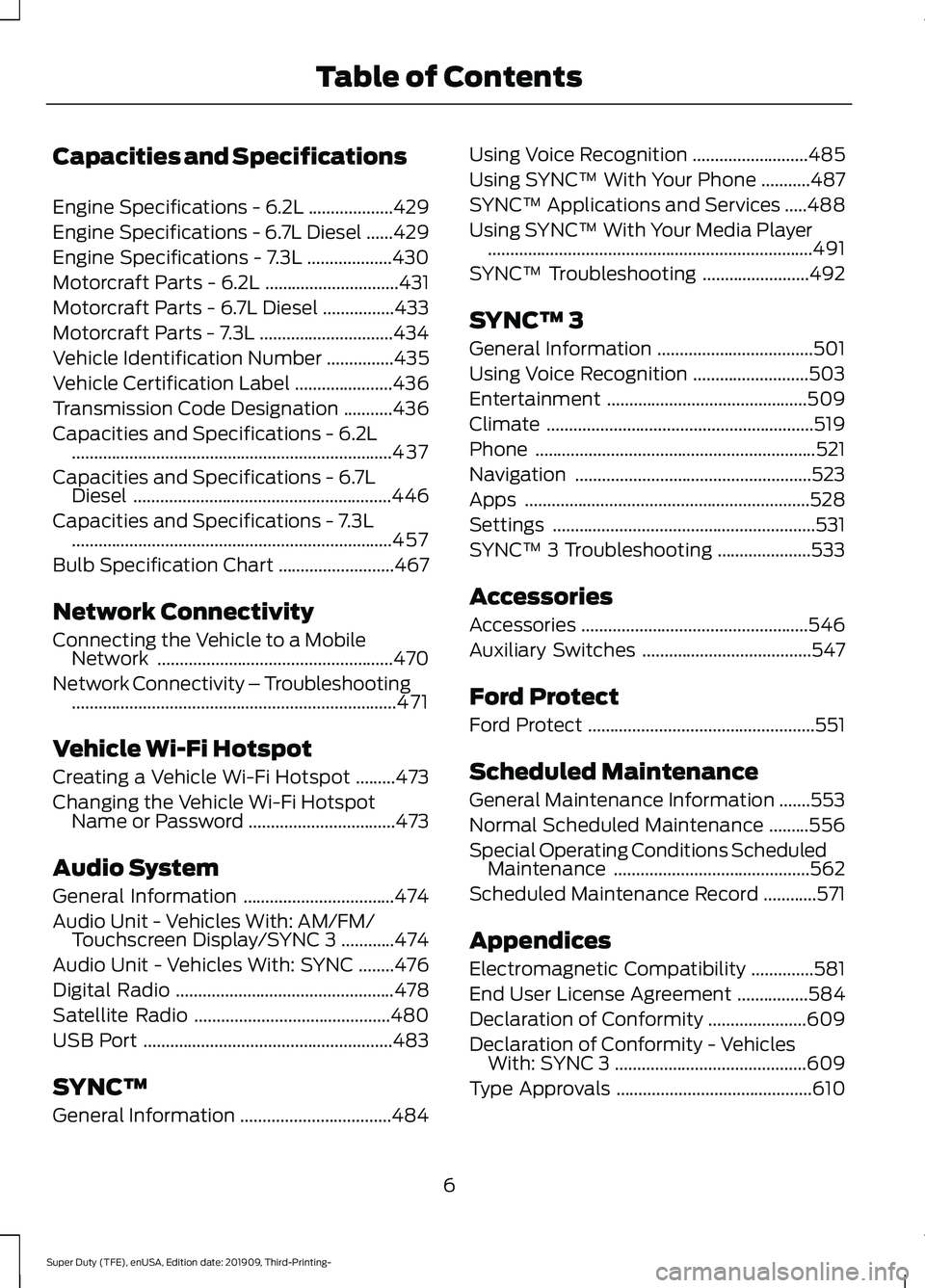 FORD F-250 2020  Owners Manual Capacities and Specifications
Engine Specifications - 6.2L
...................429
Engine Specifications - 6.7L Diesel ......
429
Engine Specifications - 7.3L ...................
430
Motorcraft Parts -