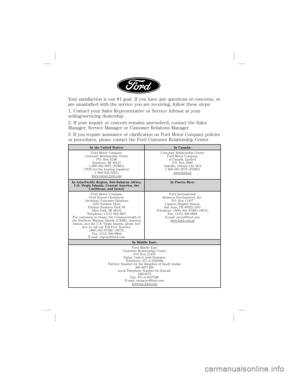 FORD F-250 2020  Warranty Guide Your satisfaction is our #1 goal. If you have any questions or concerns, or
are unsatisfied with the service you are receiving, follow these steps:
1. Contact your Sales Representative or Service Advi
