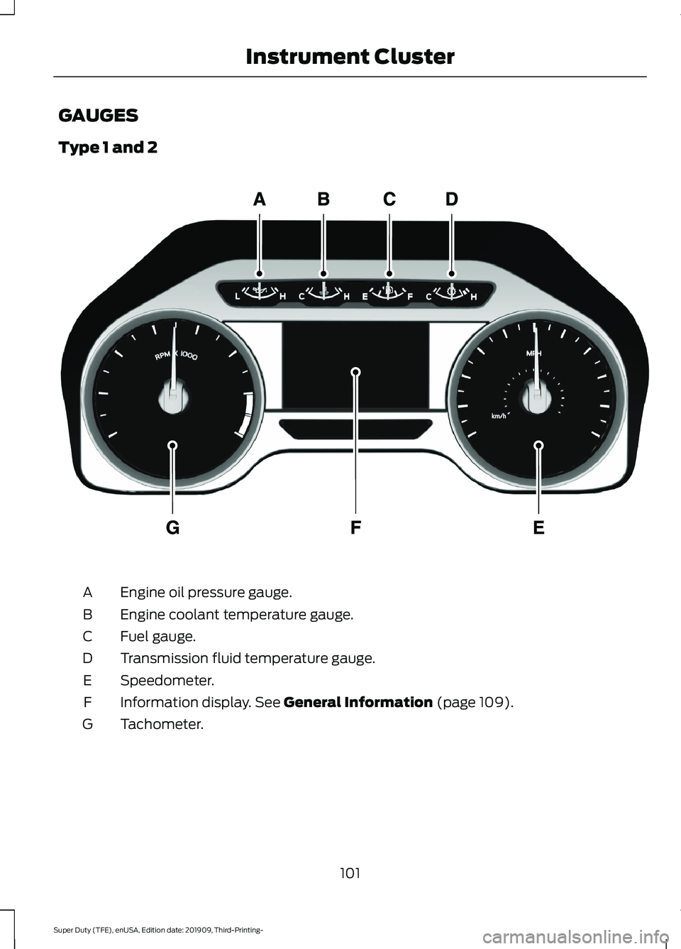 FORD F-350 2020 Owners Manual GAUGES
Type 1 and 2
Engine oil pressure gauge.
A
Engine coolant temperature gauge.
B
Fuel gauge.
C
Transmission fluid temperature gauge.
D
Speedometer.
E
Information display. See General Information ( FORD F-350 2020 Owners Manual GAUGES
Type 1 and 2
Engine oil pressure gauge.
A
Engine coolant temperature gauge.
B
Fuel gauge.
C
Transmission fluid temperature gauge.
D
Speedometer.
E
Information display. See General Information (