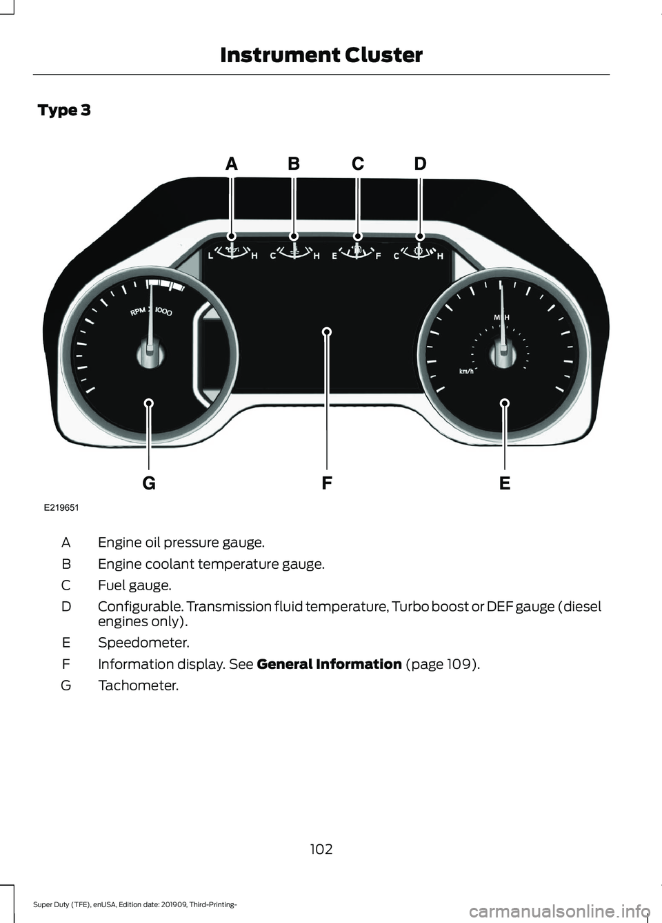 FORD F-350 2020 Owners Manual Type 3
Engine oil pressure gauge.
A
Engine coolant temperature gauge.
B
Fuel gauge.
C
Configurable. Transmission fluid temperature, Turbo boost or DEF gauge (diesel
engines only).
D
Speedometer.
E
Inf FORD F-350 2020 Owners Manual Type 3
Engine oil pressure gauge.
A
Engine coolant temperature gauge.
B
Fuel gauge.
C
Configurable. Transmission fluid temperature, Turbo boost or DEF gauge (diesel
engines only).
D
Speedometer.
E
Inf