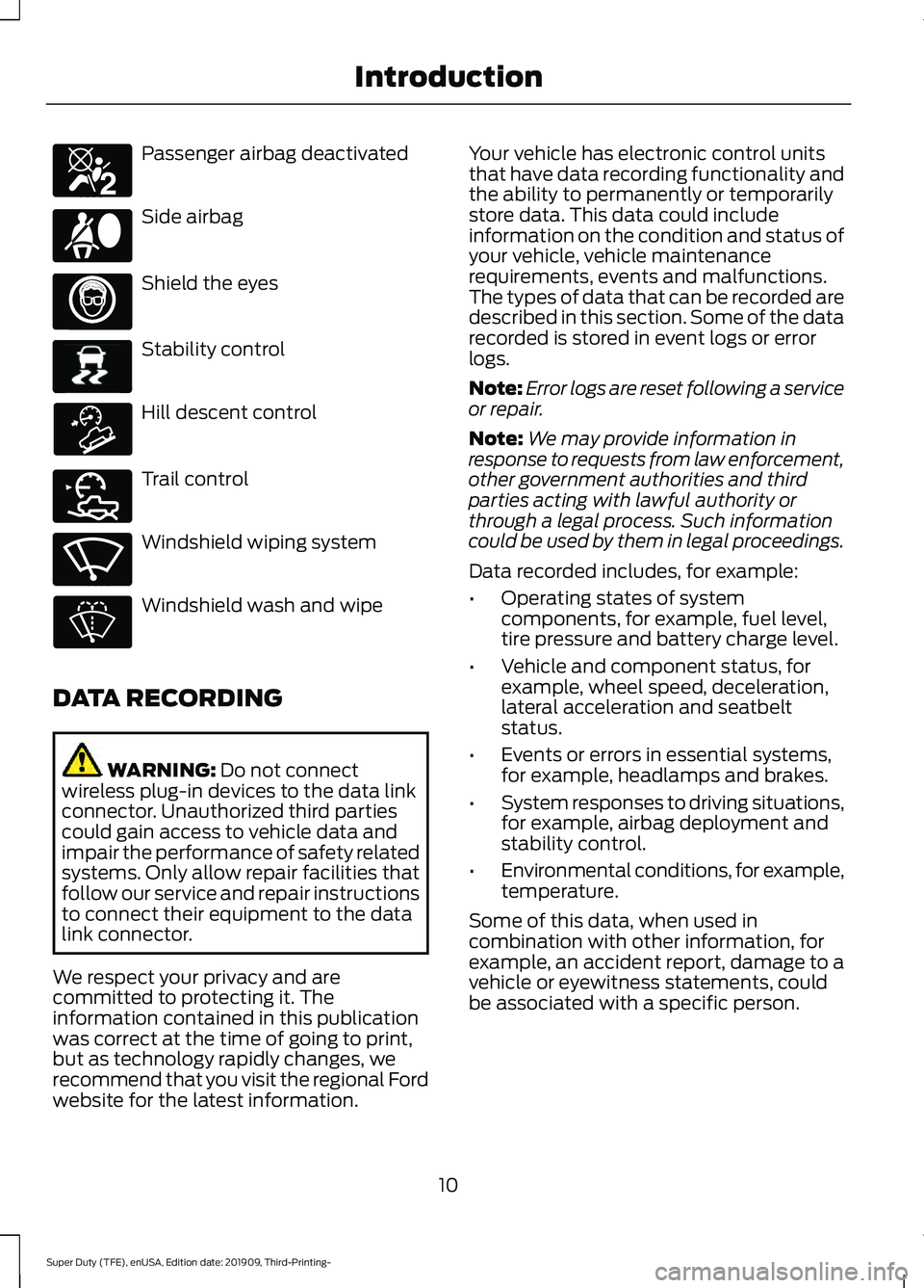 FORD F-350 2020  Owners Manual Passenger airbag deactivated
Side airbag
Shield the eyes
Stability control
Hill descent control
Trail control
Windshield wiping system
Windshield wash and wipe
DATA RECORDING WARNING: Do not connect
w