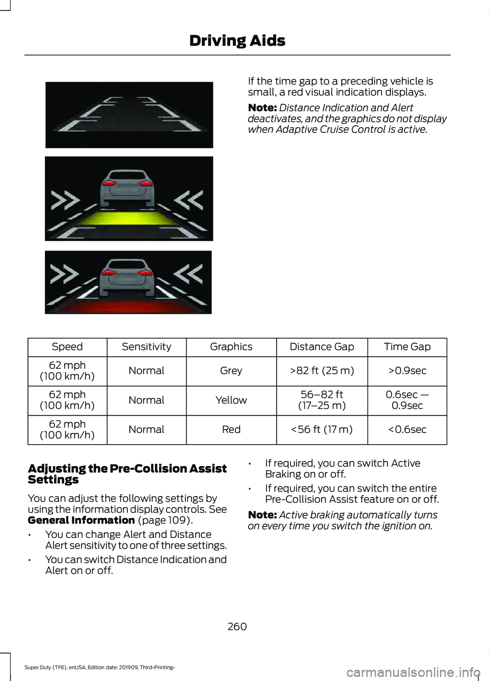 FORD F-350 2020 Owners Manual If the time gap to a preceding vehicle is
small, a red visual indication displays.
Note:
Distance Indication and Alert
deactivates, and the graphics do not display
when Adaptive Cruise Control is acti FORD F-350 2020 Owners Manual If the time gap to a preceding vehicle is
small, a red visual indication displays.
Note:
Distance Indication and Alert
deactivates, and the graphics do not display
when Adaptive Cruise Control is acti