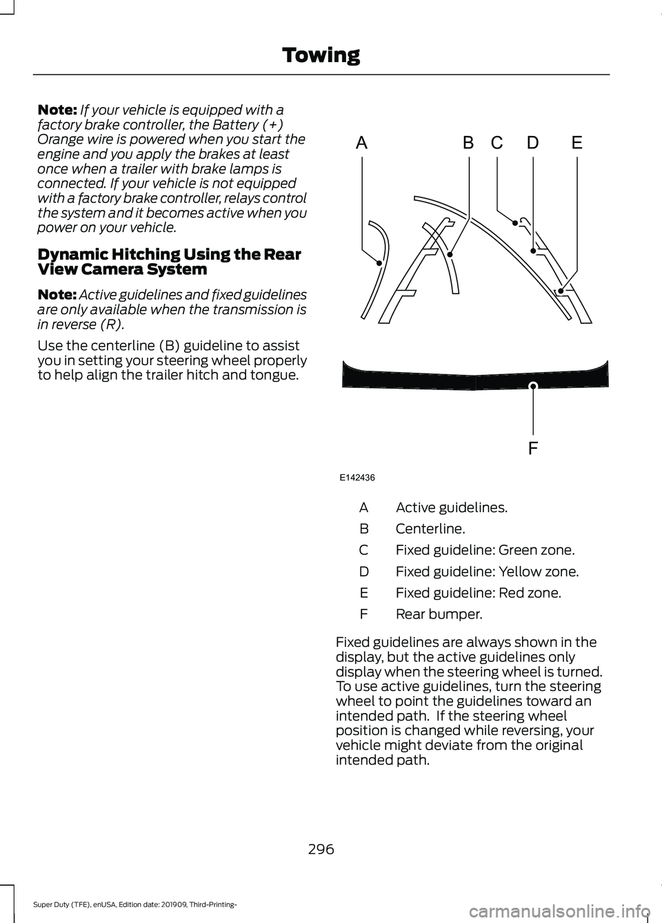 FORD F-350 2020 Owners Manual Note:
If your vehicle is equipped with a
factory brake controller, the Battery (+)
Orange wire is powered when you start the
engine and you apply the brakes at least
once when a trailer with brake lam FORD F-350 2020 Owners Manual Note:
If your vehicle is equipped with a
factory brake controller, the Battery (+)
Orange wire is powered when you start the
engine and you apply the brakes at least
once when a trailer with brake lam