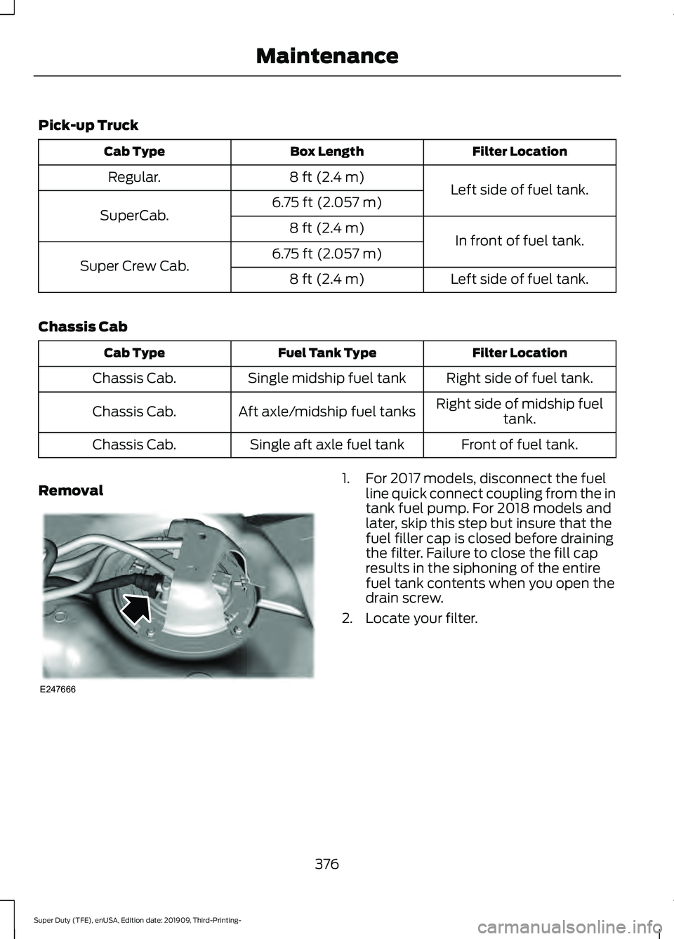 FORD F-350 2020 Owners Manual Pick-up Truck
Filter Location
Box Length
Cab Type
Left side of fuel tank.
8 ft (2.4 m)
Regular.
6.75 ft (2.057 m)
SuperCab.
In front of fuel tank.
8 ft (2.4 m)
6.75 ft (2.057 m)
Super Crew Cab.
Left s FORD F-350 2020 Owners Manual Pick-up Truck
Filter Location
Box Length
Cab Type
Left side of fuel tank.
8 ft (2.4 m)
Regular.
6.75 ft (2.057 m)
SuperCab.
In front of fuel tank.
8 ft (2.4 m)
6.75 ft (2.057 m)
Super Crew Cab.
Left s
